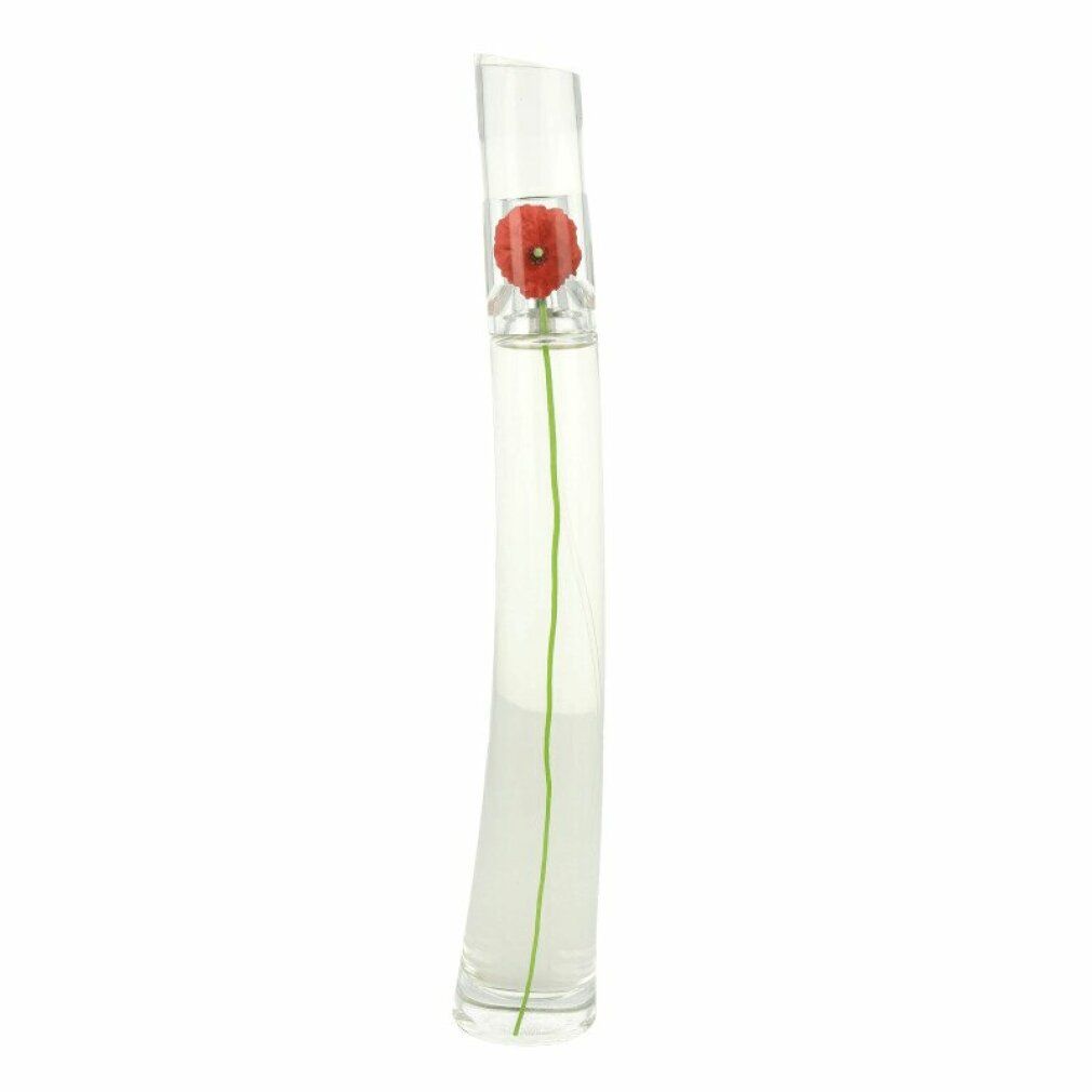 Parfümflakon mit roter Blume. Schlanker, gebogener Glasflakon mit roter Blume und grünem Stiel.