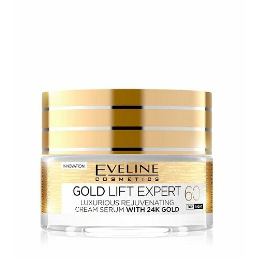 Creme-Serum-Glasbehälter mit goldfarbenem Deckel. Beschriftung: Eveline Cosmetics Gold Lift Expert 60+ mit 24K Gold.
