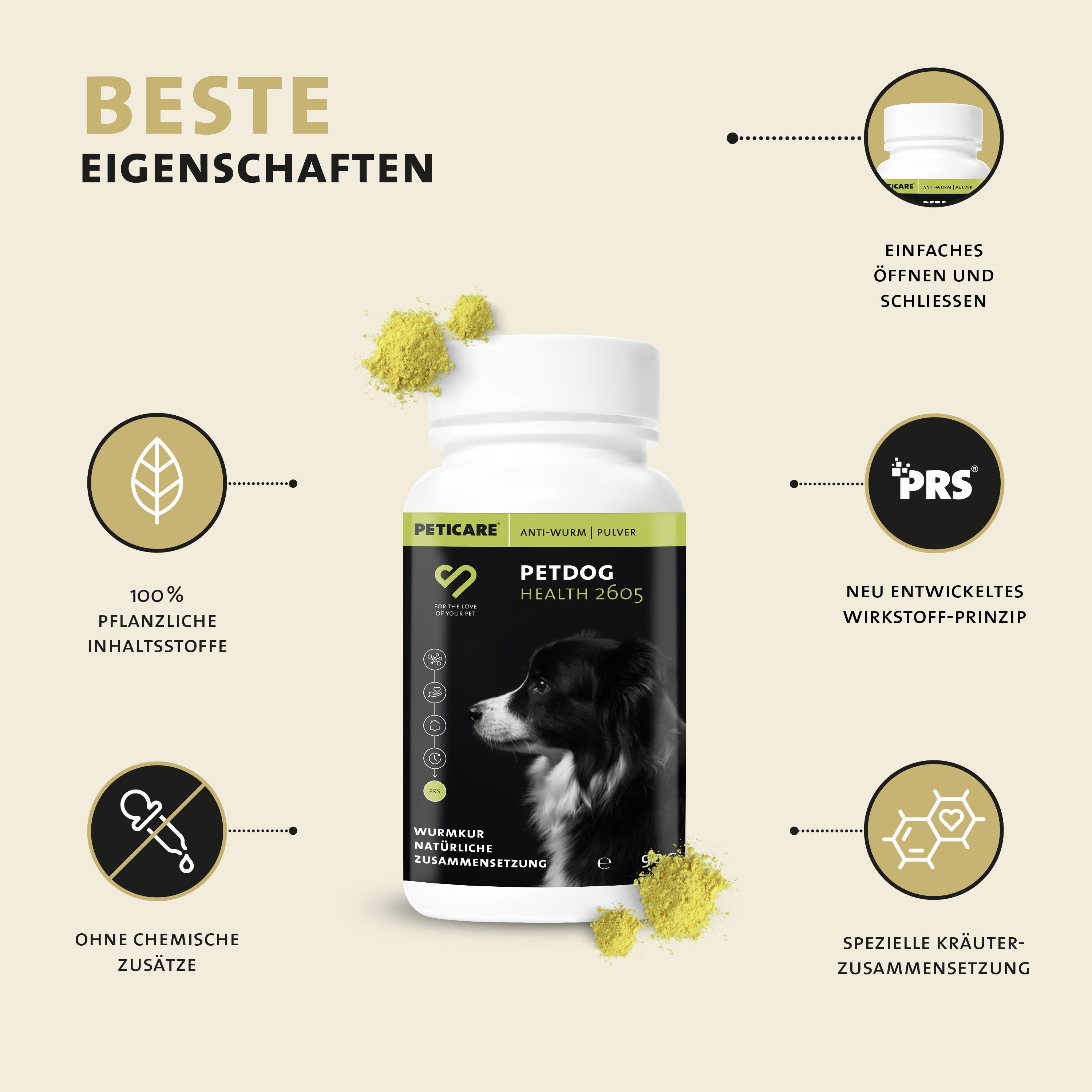 Peticare Wurm-Mix Pulver Flasche. Text: Anti-Wurm Pulver. 100% pflanzliche Inhaltsstoffe. Ohne chemische Zusätze.