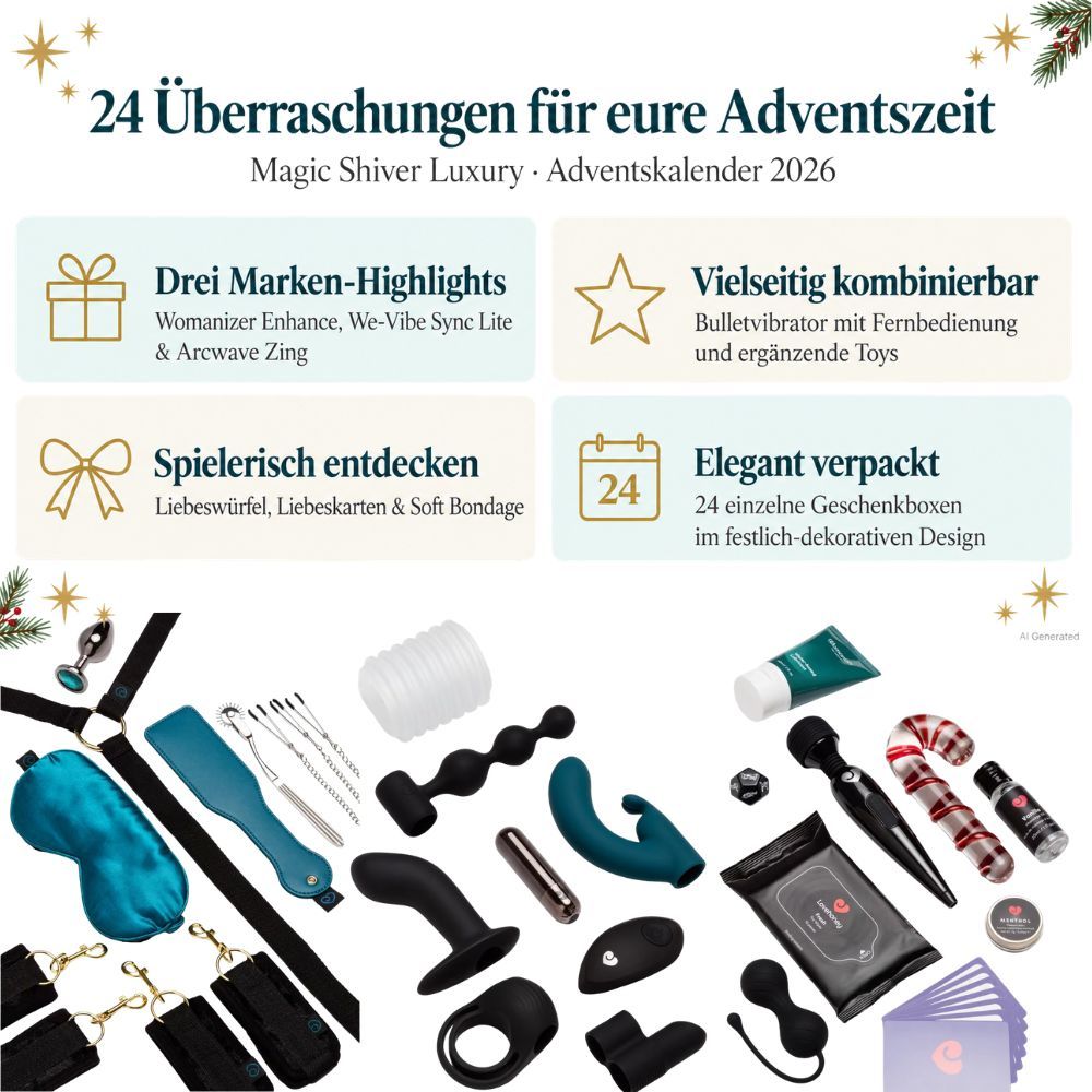 Ein geöffneter Adventskalender mit 24 nummerierten Fächern, gefüllt mit Produkten.
