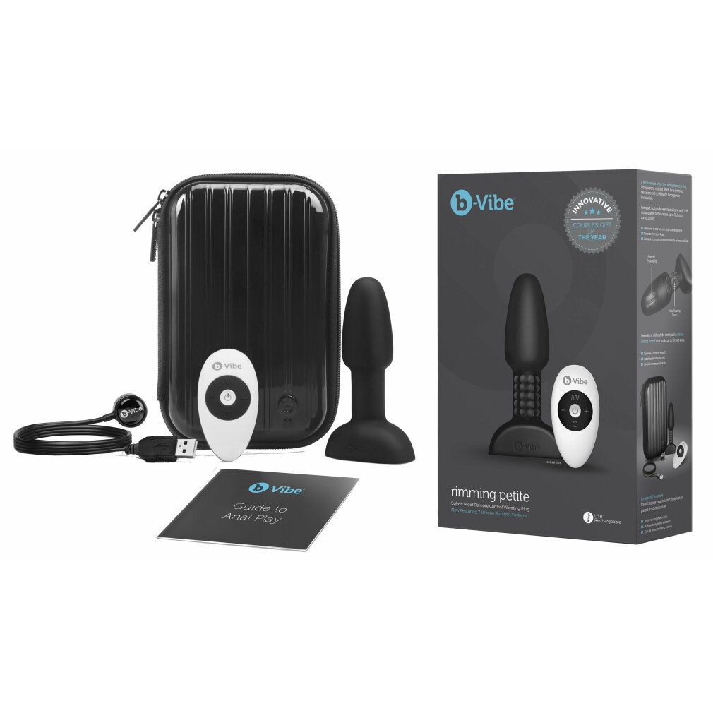 Wellness-Produkt, Fernbedienung, Etui, Kabel und Anleitung. Verpackung mit Produkt und Fernbedienung.