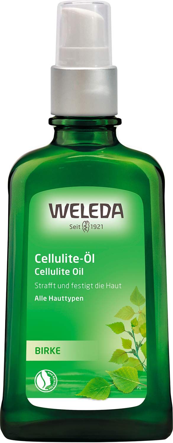 Grüne Glasflasche mit Pumpe. Aufschrift: WELEDA Cellulite-Öl, Birken-Extrakt. Mit Birkenblatt-Illustration.