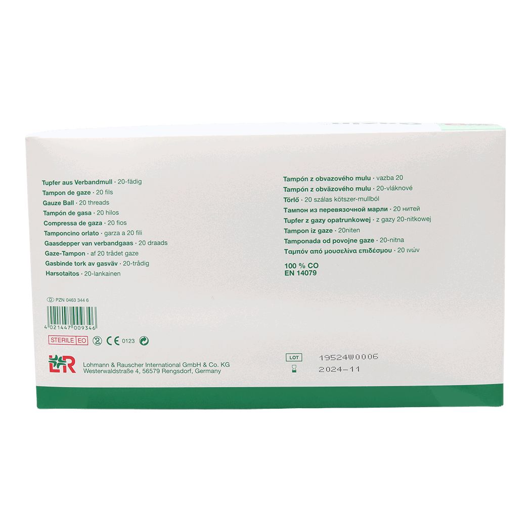Rückseite einer weißen Kartonverpackung. Mehrsprachige Produktinformationen, darunter Tupfer aus Verbandmull und sterile EO-Kennzeichnung.