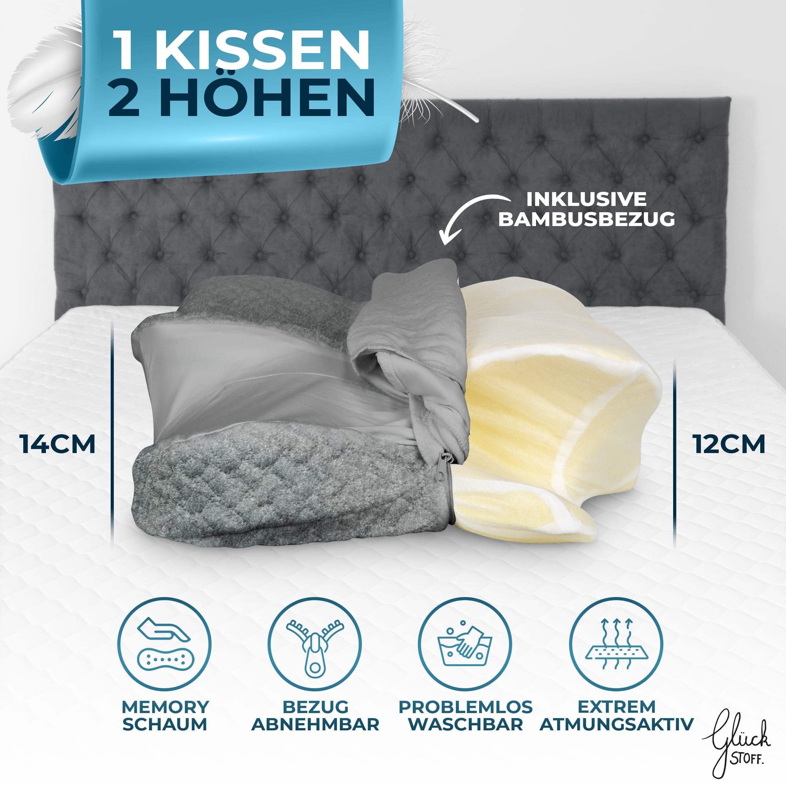 Orthopädisches Kissen, teilweise auseinandergenommen, mit Bambusbezug. Text: 1 Kissen, 2 Höhen, Memory-Schaum, Bezug abnehmbar, waschbar, atmungsaktiv. Maße: 14cm, 12cm.