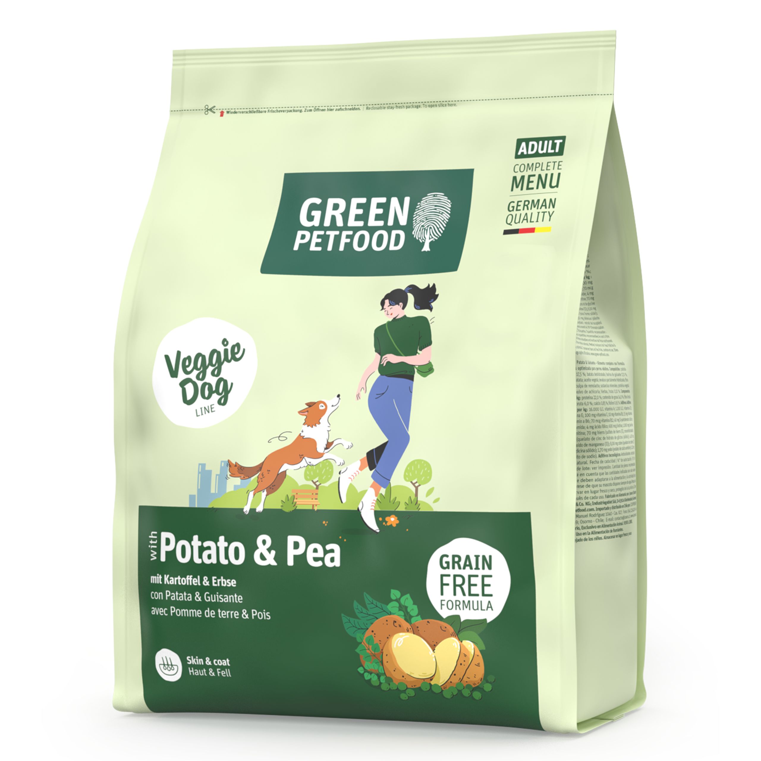 Green Petfood Veggie Dog Potato & Pea Hundefutter-Sack mit Illustrationen von Hunden und Menschen.