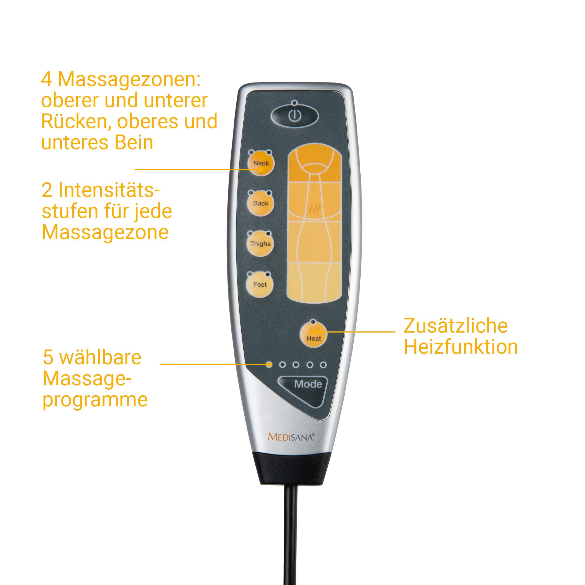 Fernbedienung für Massagematte: 4 Zonen, 2 Intensitäten, 5 Programme, Heizfunktion.
