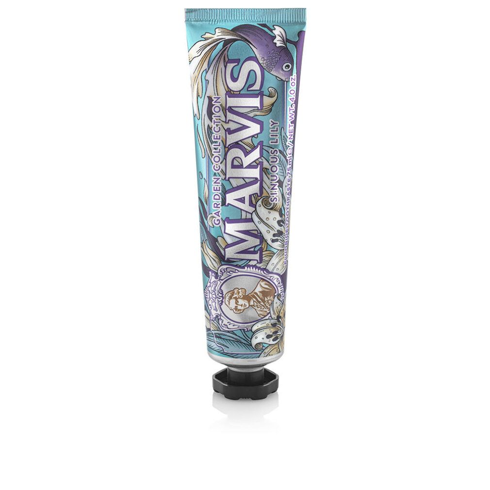 Zahncreme-Tube. Hellblau, mit floralen und Fisch-Illustrationen. MARVIS-Logo und "Sinuous Lily" Schriftzug.