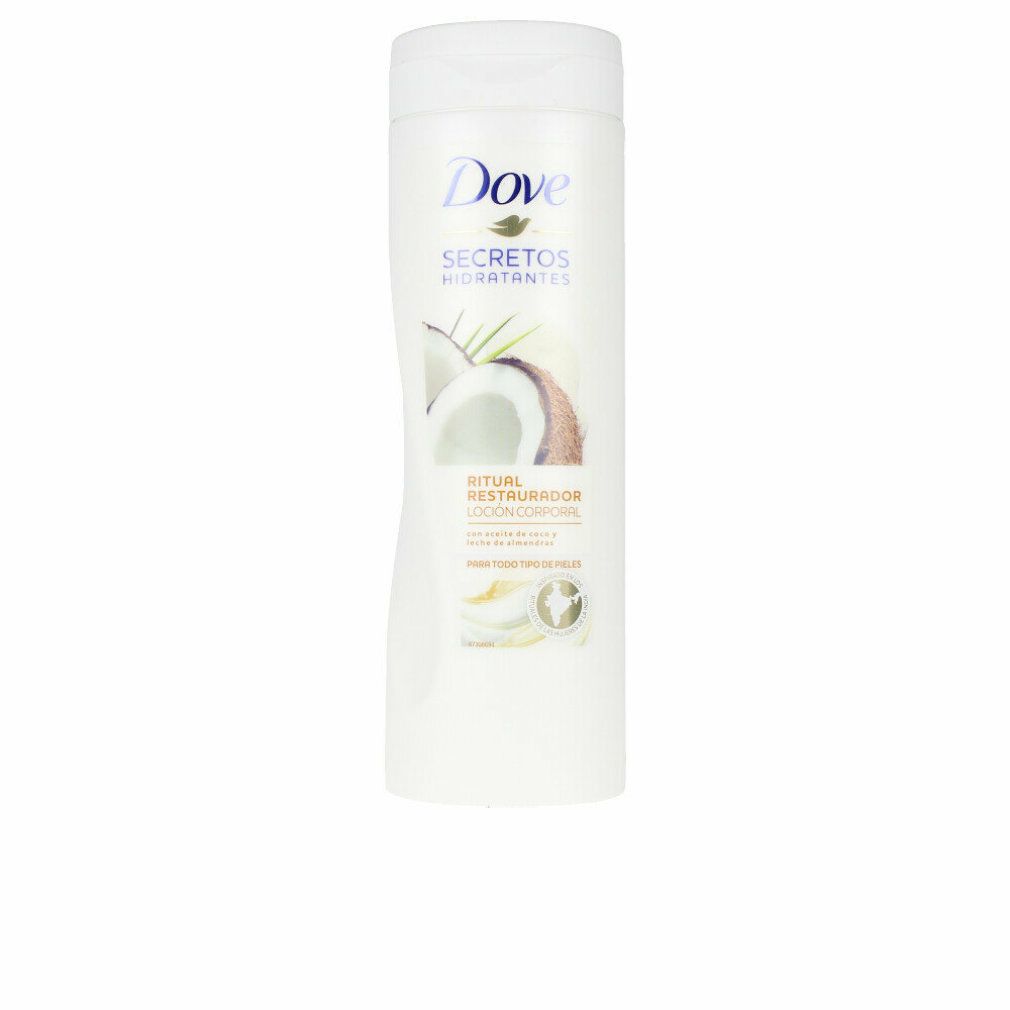 Weiße Flasche mit Dove-Logo und Aufschrift. Kokosnuss- und Mandel-Körperlotion. Produktname und Inhaltsstoffe.