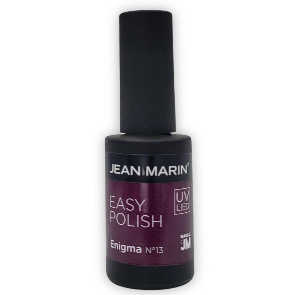 Flasche Nagellack, Marke Jean Marin. Schwarzer Deckel, violette Farbe. Aufschrift: Easy Polish, Enigma N°13, UV LED.