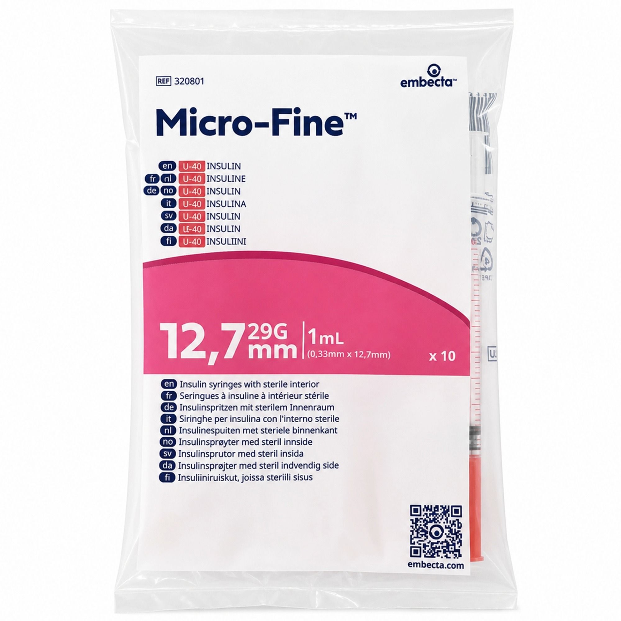 Packung mit 10 sterilen 1ml Insulin-Spritzen, 29G, 12,7mm.