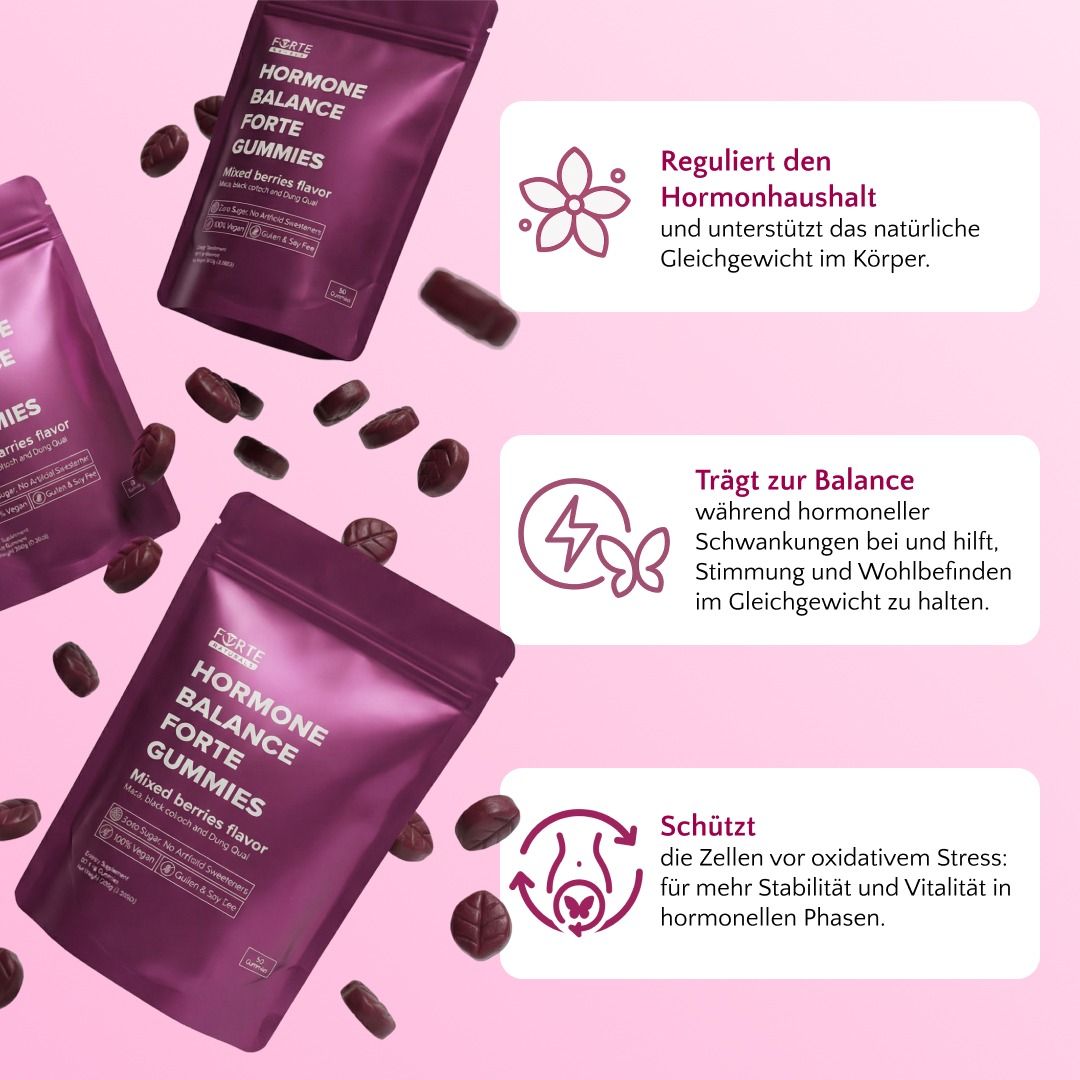 Drei Beutel Gummies. Text: Reguliert Hormonhaushalt, trägt zur Balance bei, schützt Zellen. Gummies liegen verstreut.