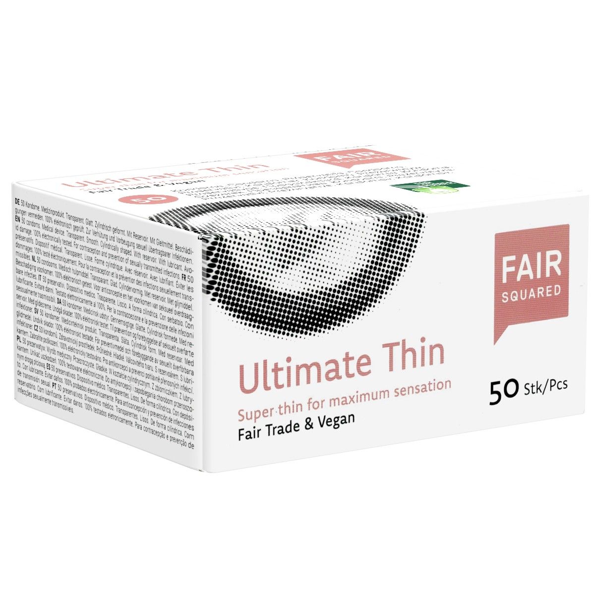 Verpackung Fair Squared Ultimate Thin Kondome, 50 Stück. Weiß mit Text und Siegeln.