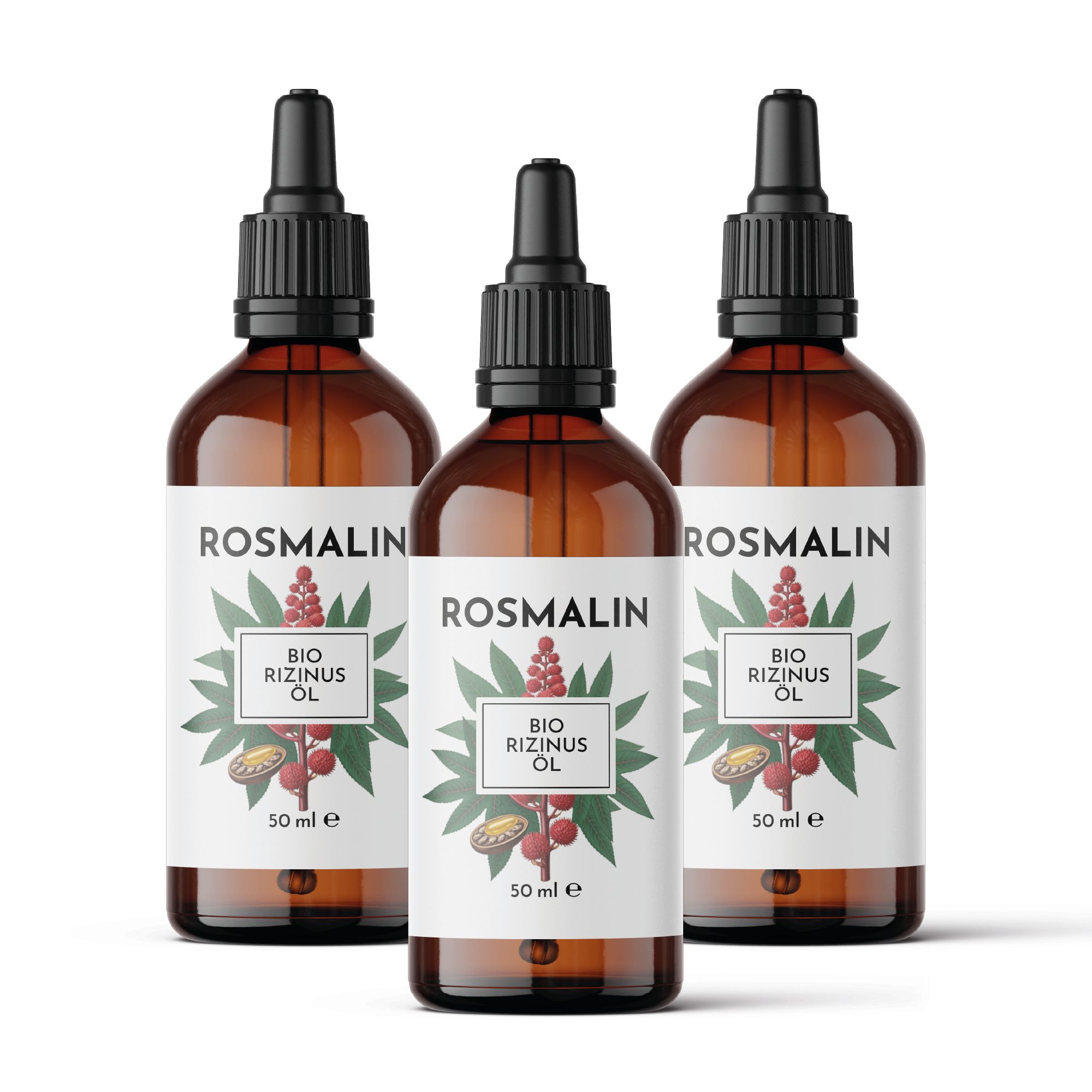 Drei braune Glasflaschen mit schwarzen Verschlüssen. Etikett: ROSMALIN BIO Rizinus Öl. 50 ml.