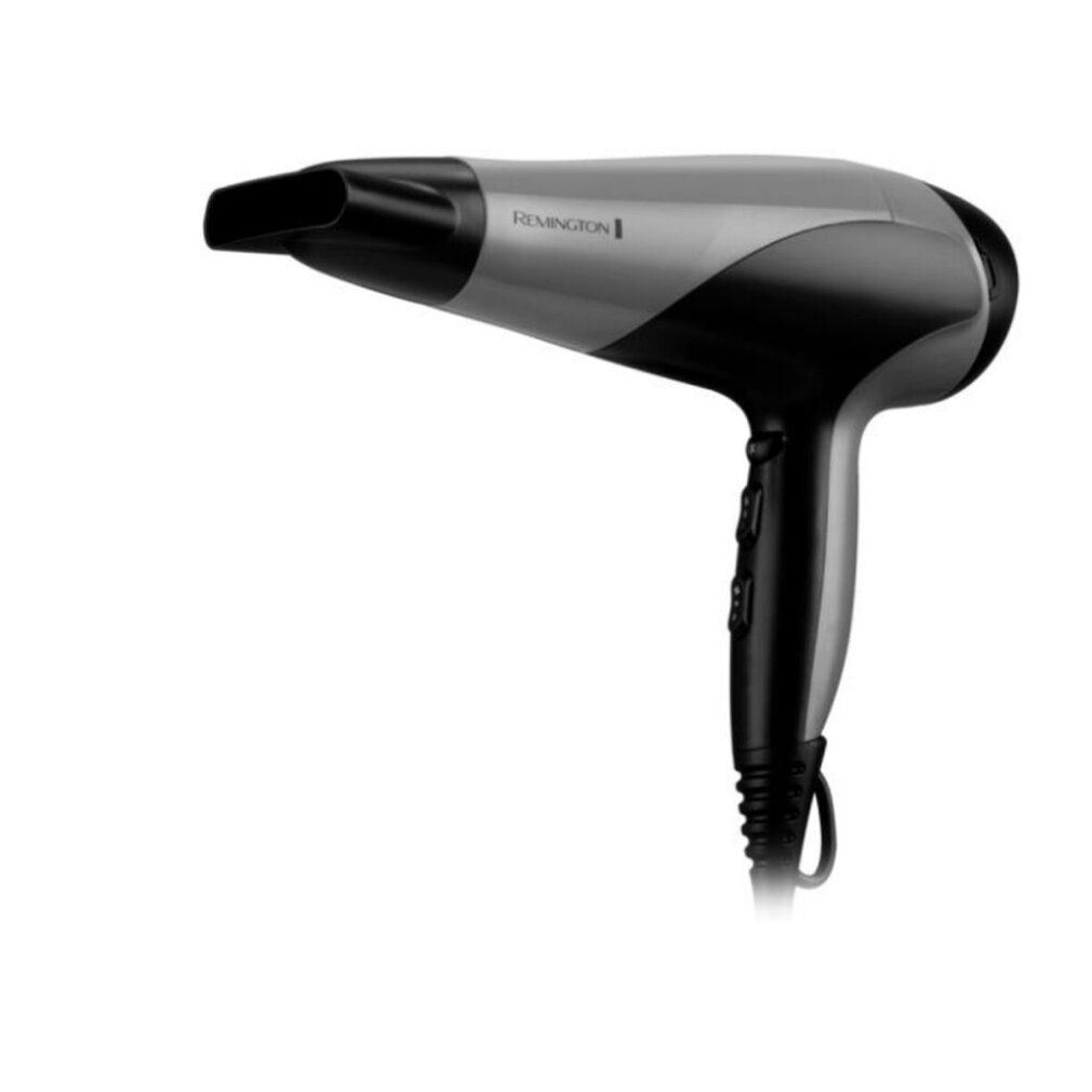 Haartrockner, grau-schwarz. Remington-Logo. Düse und Griff. Kabel mit Aufhängeöse.