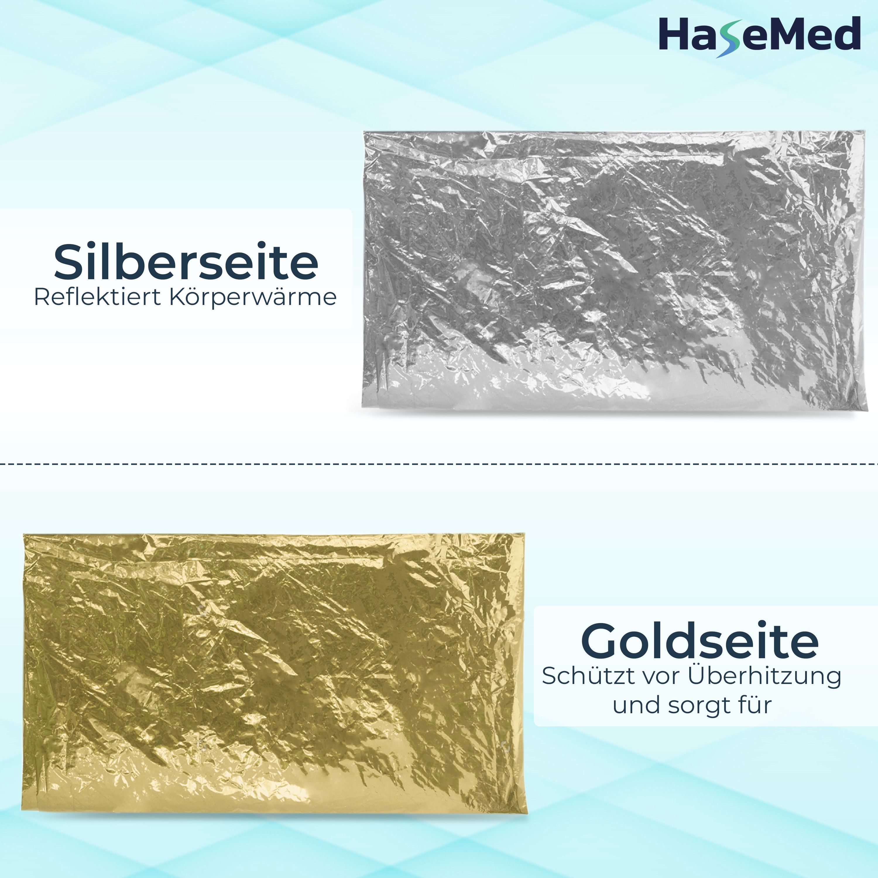 HaseMed Rettungsdecke Gold/Silber. Silber- und Goldseite. Silber reflektiert Körperwärme. Gold schützt vor Überhitzung.