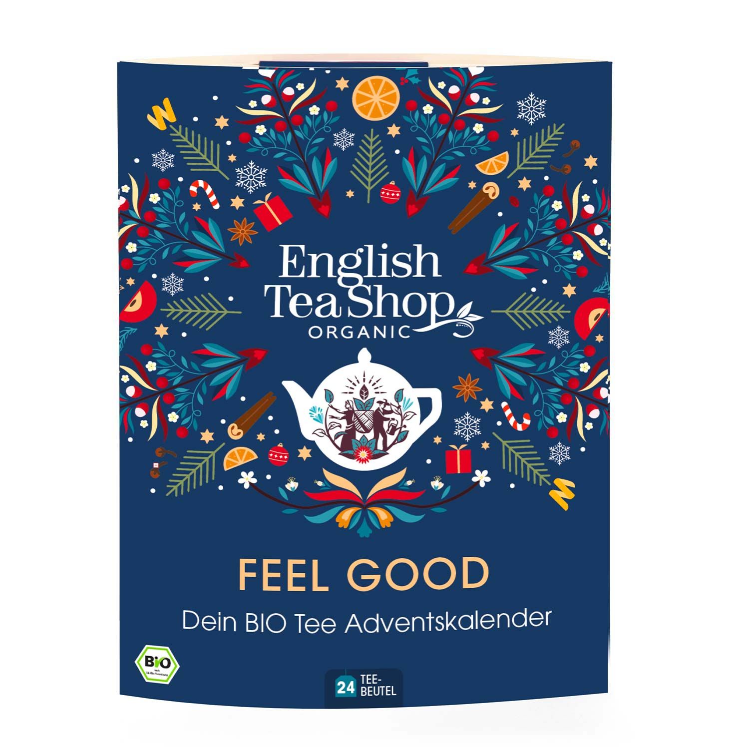 Blauer Adventskalender mit floralem Design und Schriftzug "English Tea Shop Organic". Enthält 24 Teebeutel. Ansicht von vorne.