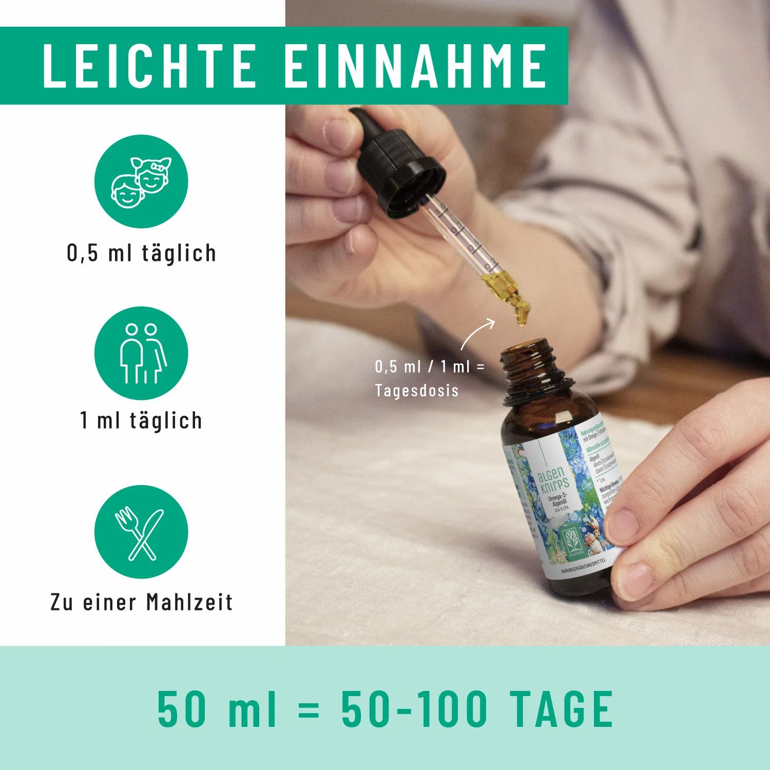 Pipette tropft Algenknirps Omega-3 Algenöl in Flasche, einfache Einnahme.