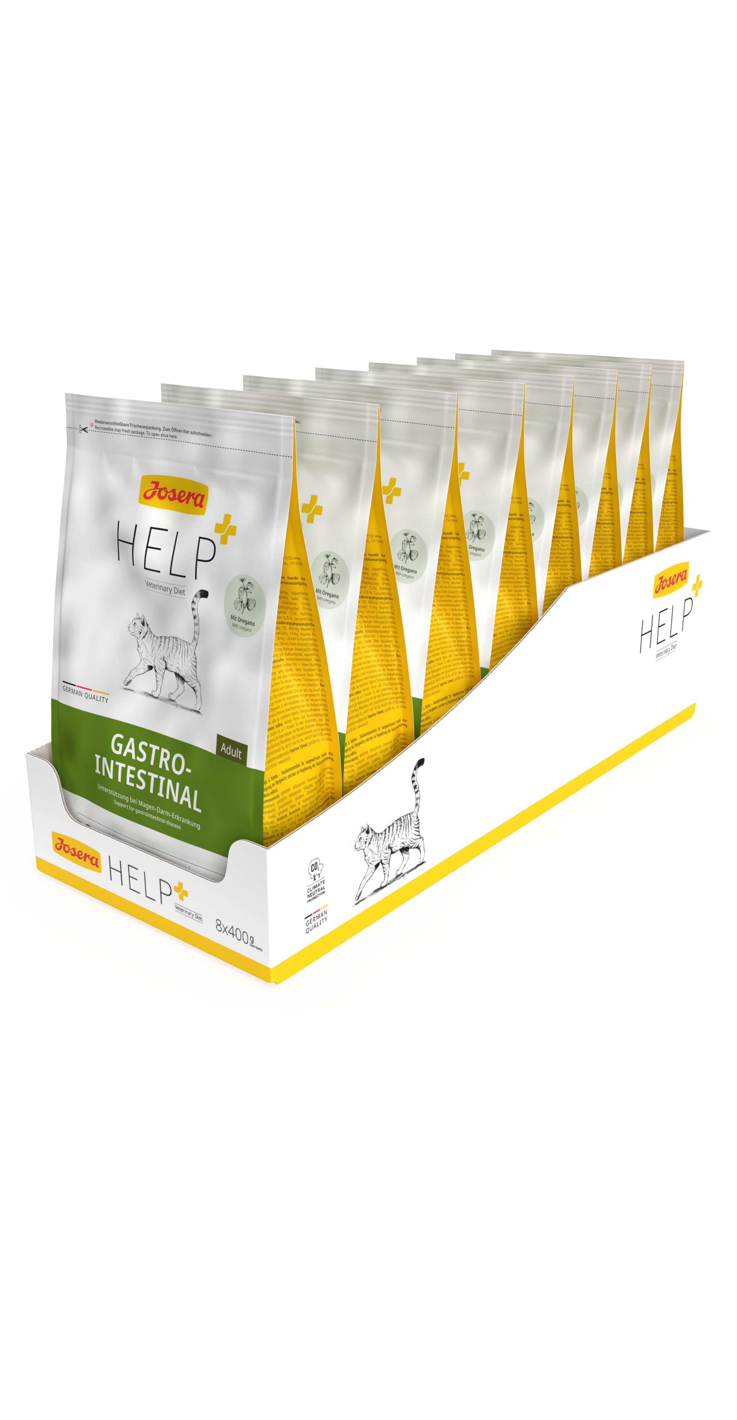 Packung mit 8 Beuteln Josera Help Gastro-Intestinal Katzenfutter.
