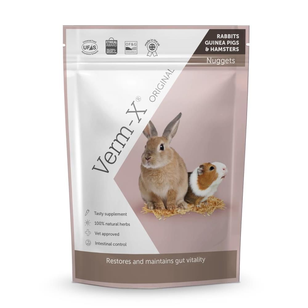 Beutel mit Produktabbildung. Aufschrift: Verm-X Original. Für Kaninchen, Meerschweinchen und Hamster. Enthält Kräuter. Siegel.