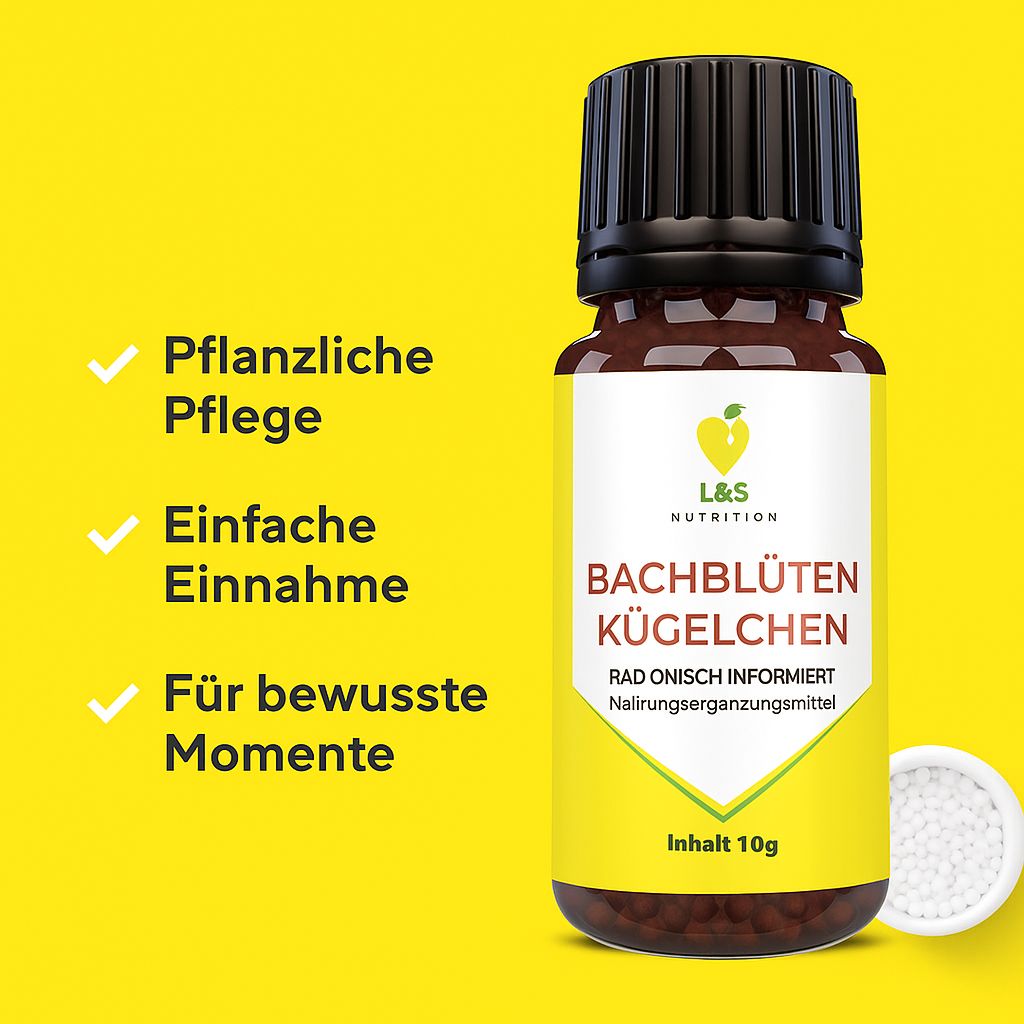 Braune Glasflasche mit schwarzem Deckel und gelbem Etikett. Aufschrift: Bachblüten Kügelchen, L&S Nutrition. Gelber Hintergrund.