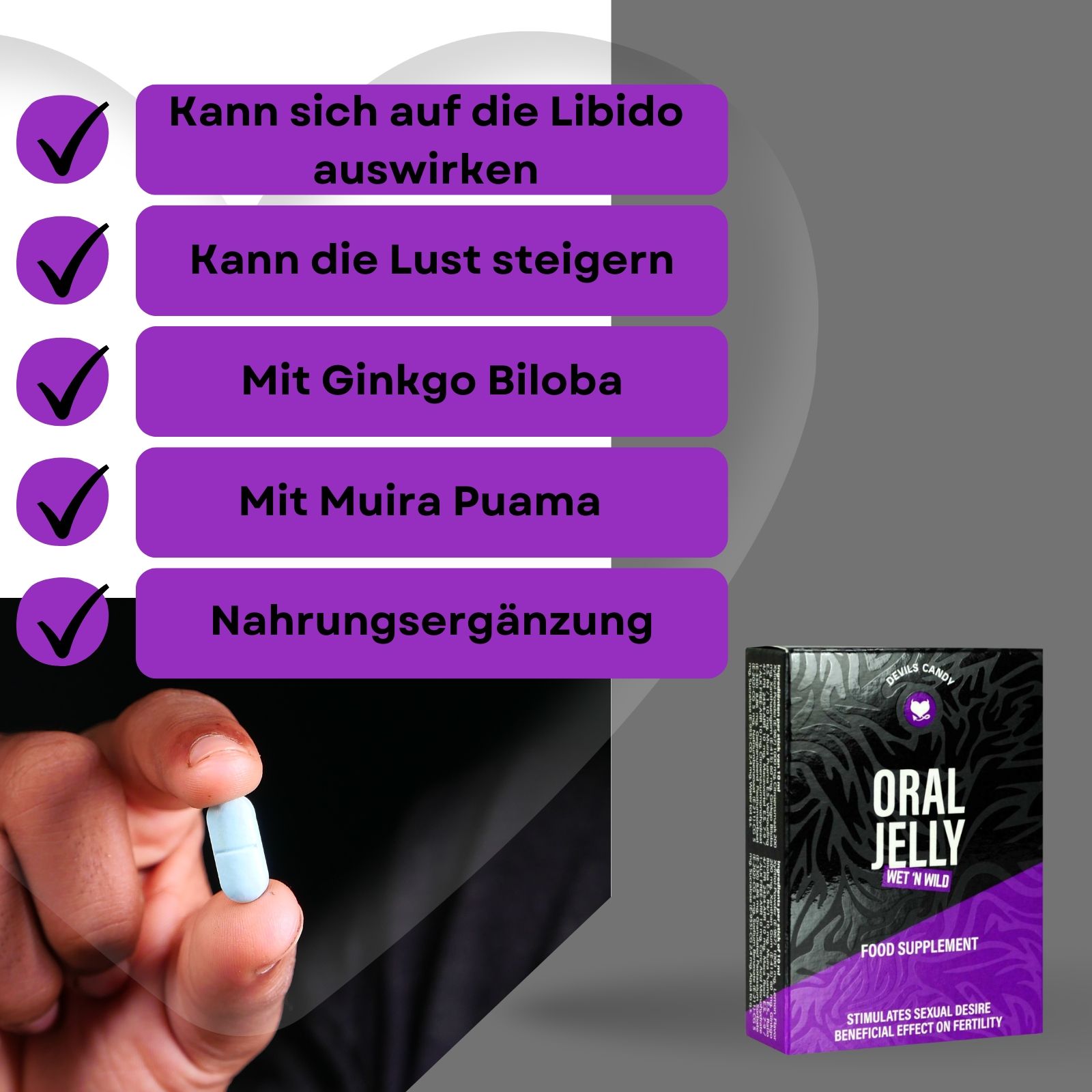 Produktverpackung mit Text. Eine blaue Pille wird gehalten. Text: Oral Jelly, Food Supplement.