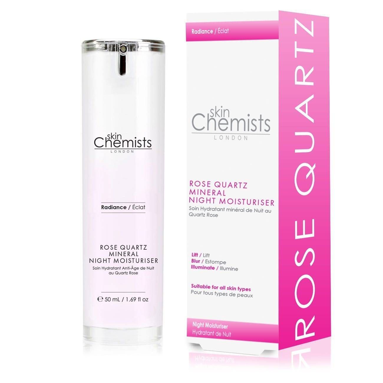 Produktflasche und Verpackung. Flasche: weiß, silberner Deckel. Verpackung: weiß und pink. Aufschrift: skinChemists, Rose Quartz Mineral Night Moisturiser.