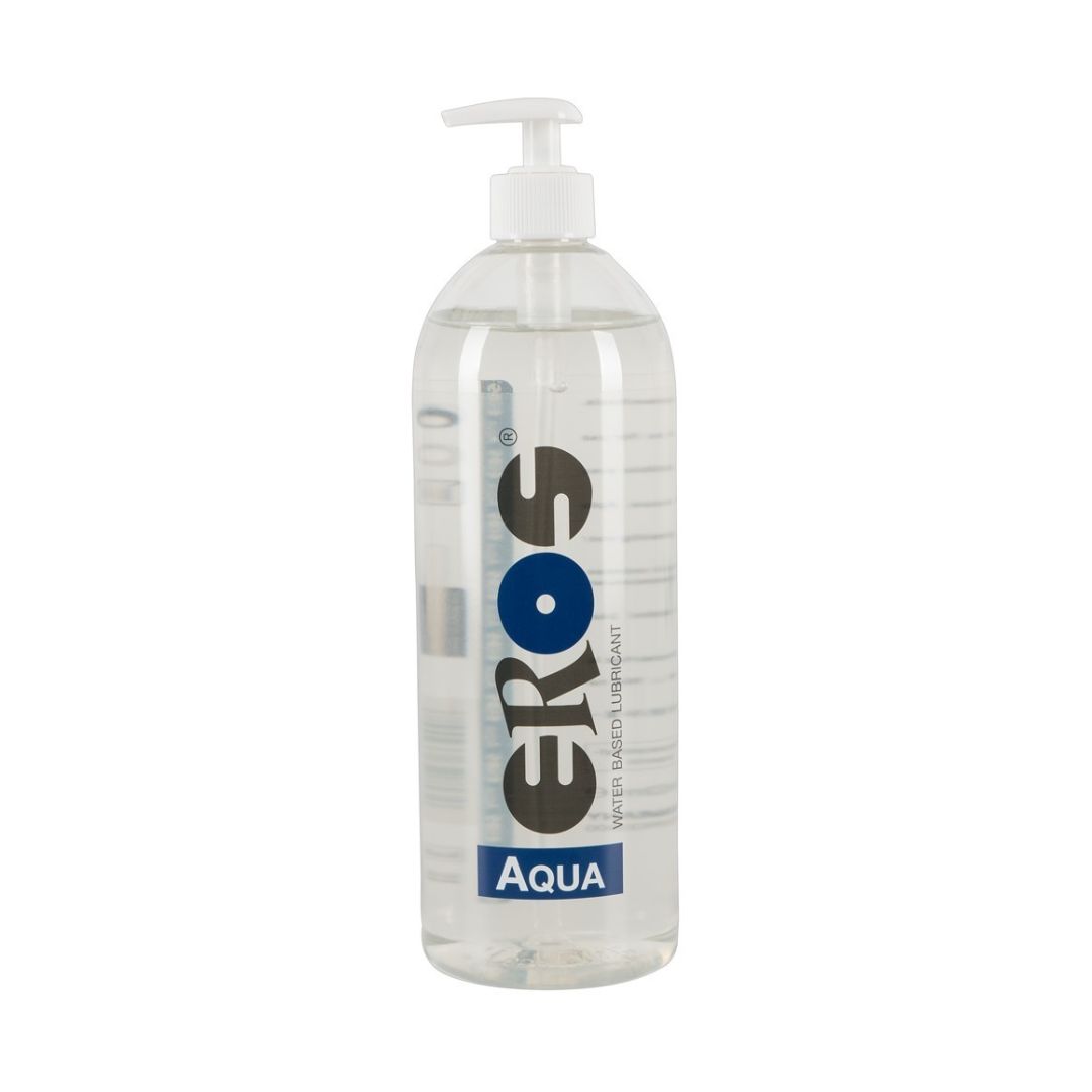 Transparente Flasche mit Pumpe. Aufschrift "EROS Aqua".