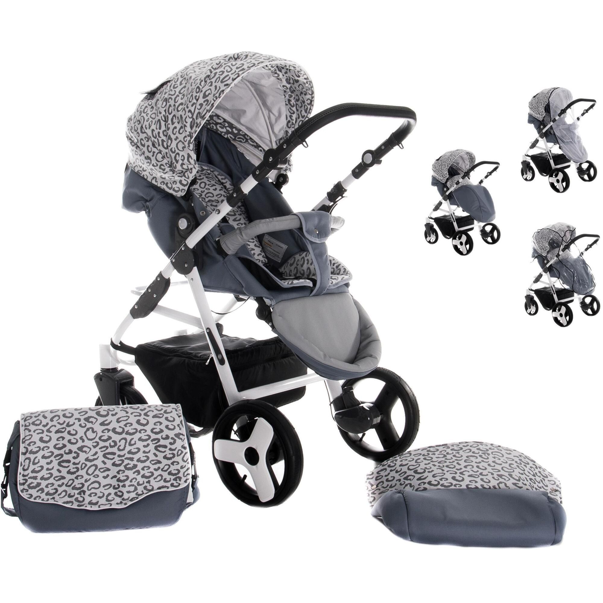 Kinderwagen mit Tasche und Fußstütze. Leopardenmuster, graue und weiße Farbtöne. Mehrere Ansichten.