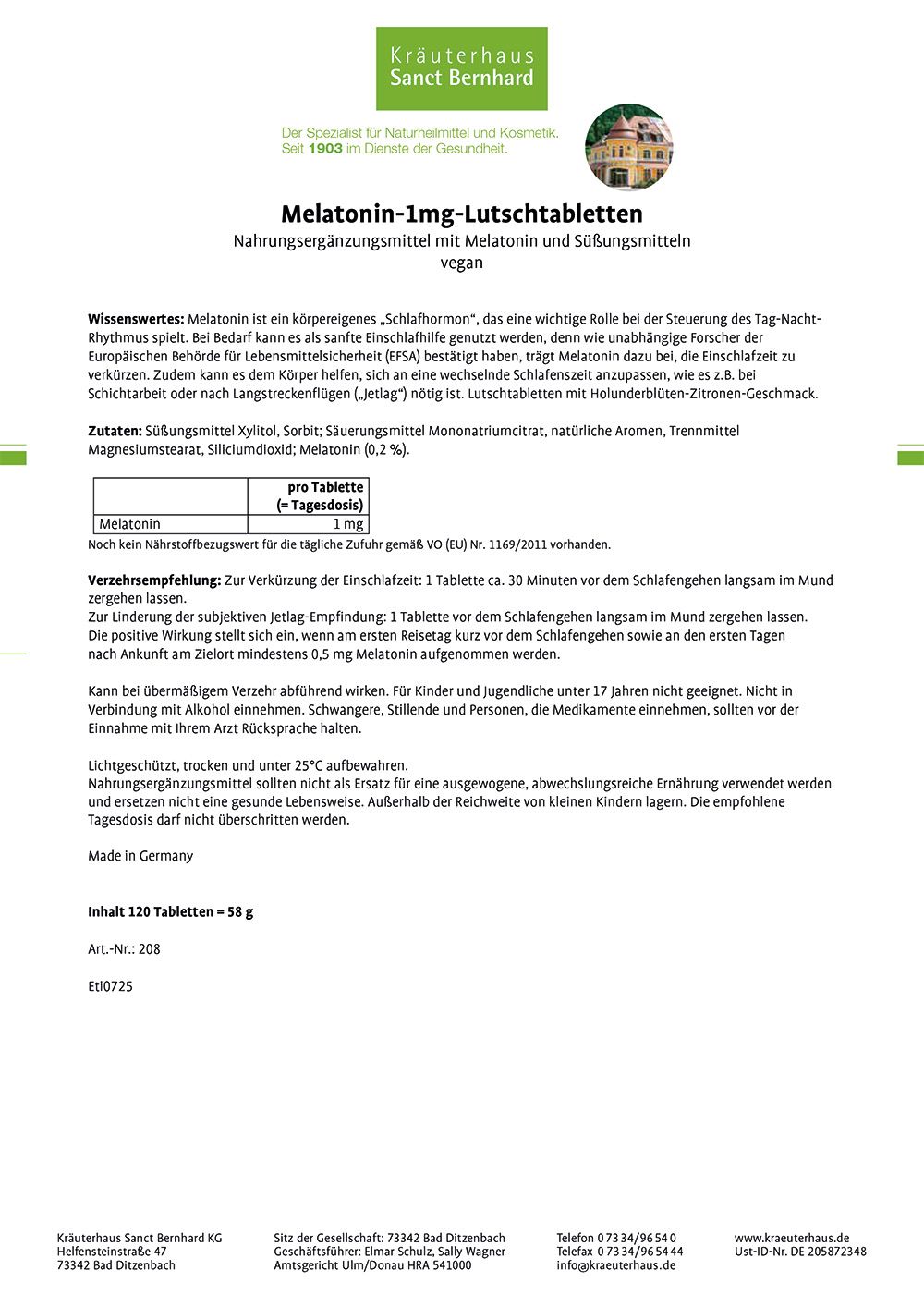 Weißes Blatt mit Text. Enthält Informationen zu Melatonin-1mg-Lutschtabletten. Mit Logo und Inhaltsangaben.