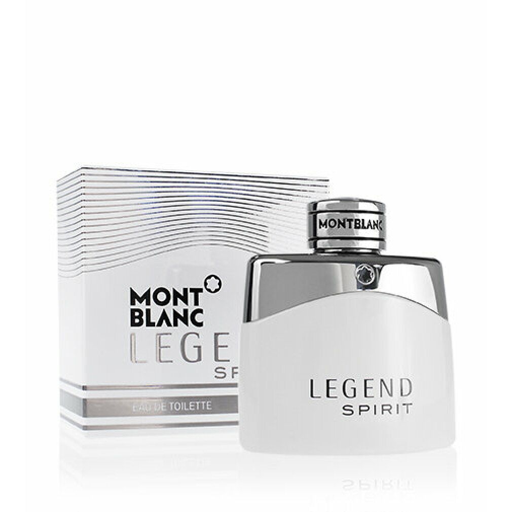 Weißer Flakon und Verpackung. Aufschrift: MONTBLANC LEGEND SPIRIT. Eau de Toilette.