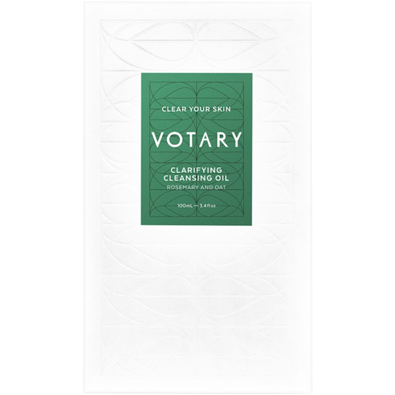 Weiße Verpackung mit grünem Etikett. Aufschrift: Votary, Clarifying Cleansing Oil, Rosemary and Oat. 100ml.
