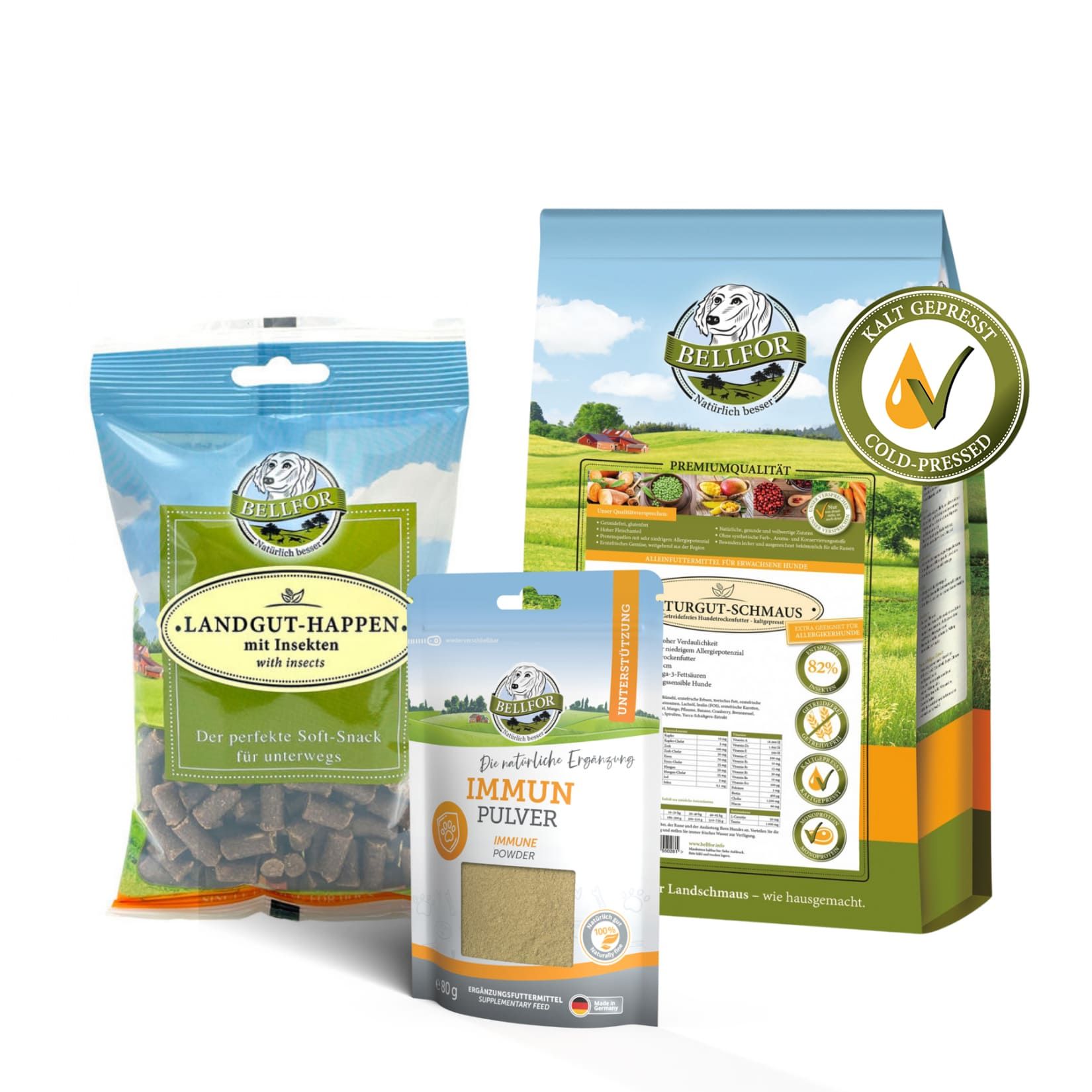 Drei Bellfor-Produkte: Trockenfutter, Soft-Snack und Immun Pulver. Aufdrucke: kaltgepresst, Produktqualität.