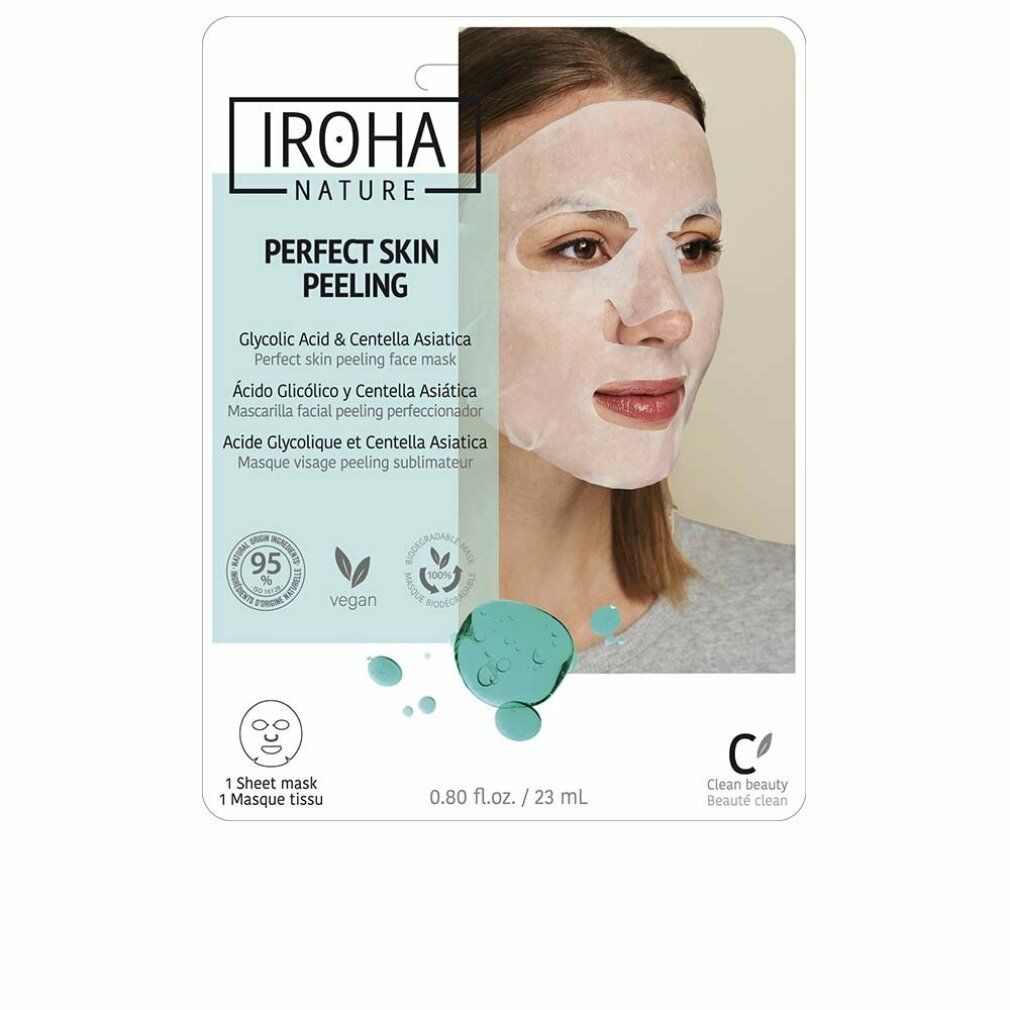 Gesichtsmaske auf Verpackung. Marke Iroha Nature. Text: Perfect Skin Peeling, Glykolsäure & Centella Asiatica. Vegan.