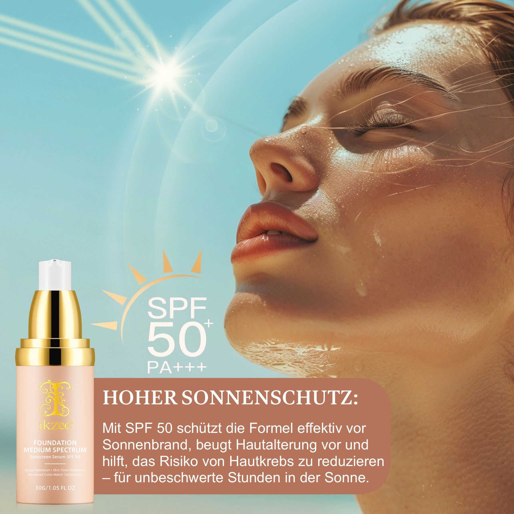 Eine Frau mit Foundation, die vor der Sonne schützt. Auf dem Produkt steht "SPF 50".