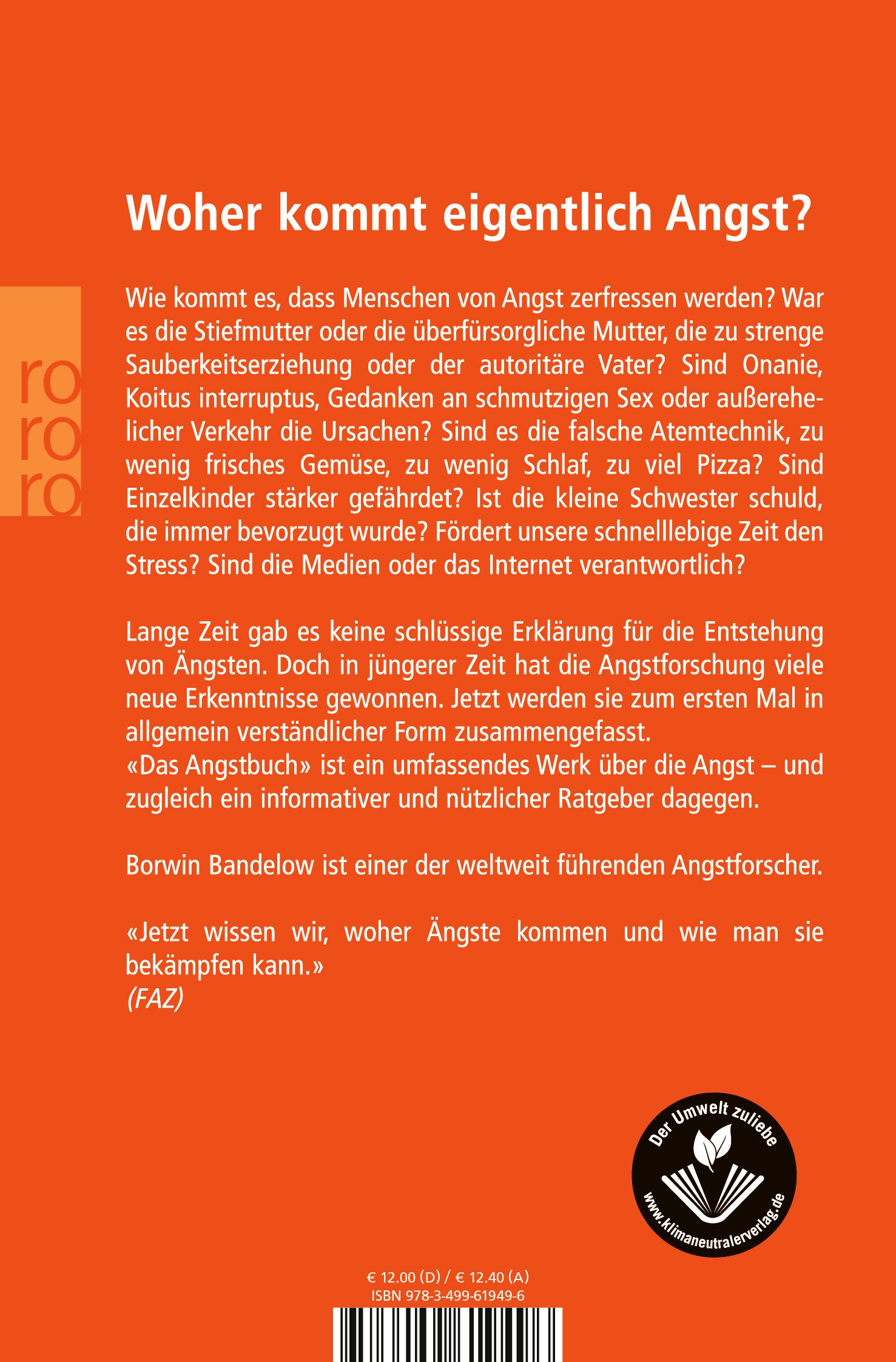 Rückseite des Buches Das Angstbuch. Text in deutscher Sprache. Titel: Woher kommt eigentlich Angst? Autor: Borwin Bandelow. Mit Logo für klimaneutrale Verlag.