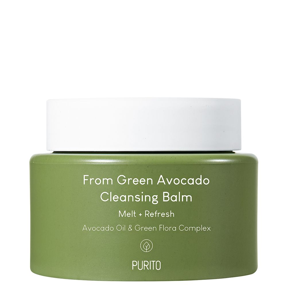Grüner Tiegel mit weißem Deckel, Aufschrift 'From Green Avocado Cleansing Balm'.
