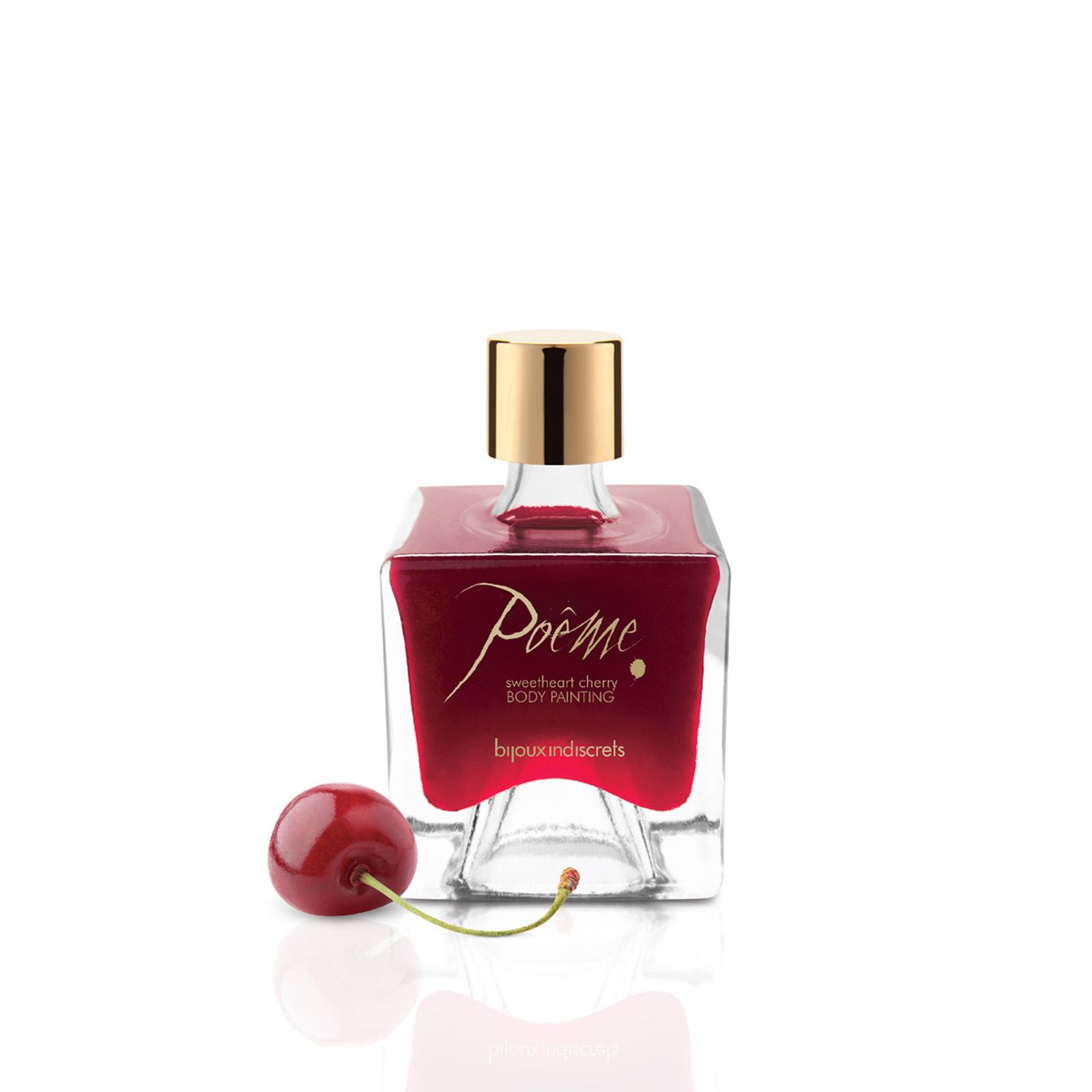 Flakon mit roter Flüssigkeit, goldener Verschlusskappe. Kirsche. Schriftzug: Poeme, Sweetheart Cherry, Bijoux Indiscrets. Eckige Form.