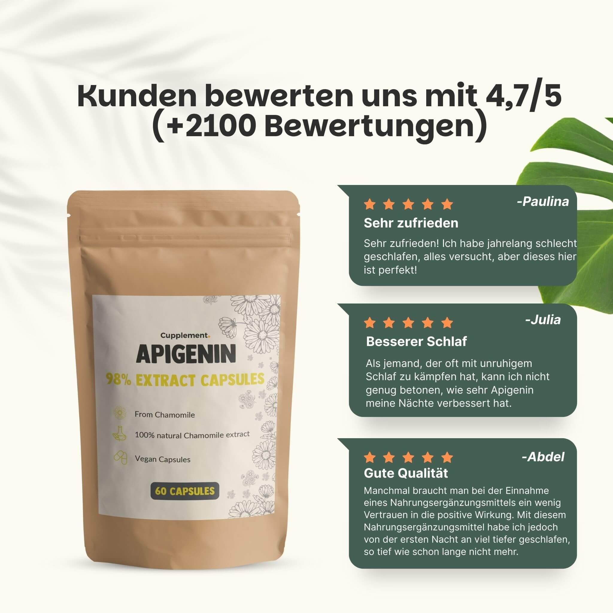 Mehrere Beutel mit Kapseln. Aufschrift: Apigenin 98% Extrakt Kapseln. 60 Kapseln. Braune Verpackung.