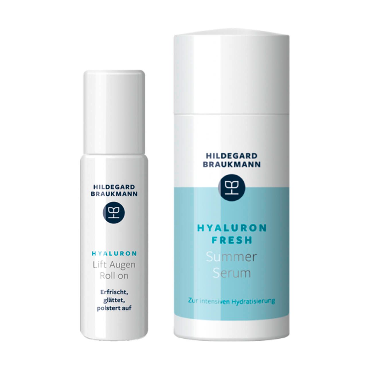 Zwei Kosmetikprodukte: Hildegard Braukmann Hyaluron Fresh! Summer Serum und Hyaluron Lift Augen Roll on. Beide in weiß-blauem Design.