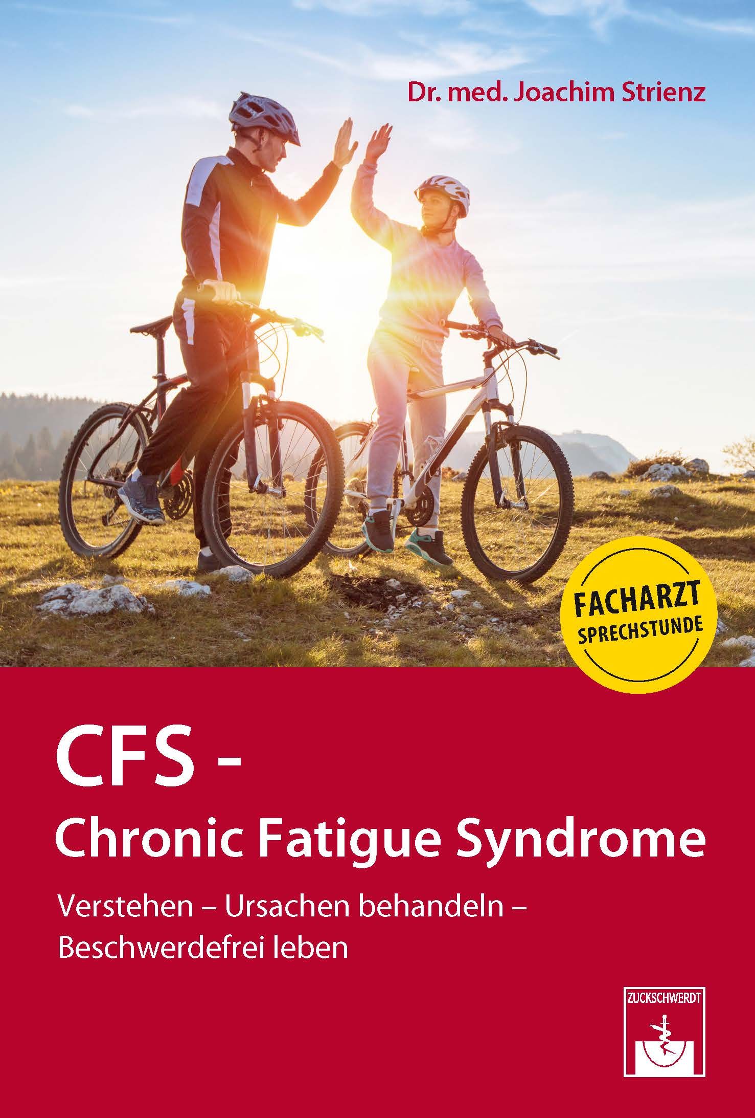 Buchcover mit Titel CFS - Chronic Fatigue Syndrome. Zwei Personen auf Fahrrädern geben sich High Five. Text: Verstehen - Ursachen behandeln - Beschwerdefrei leben.