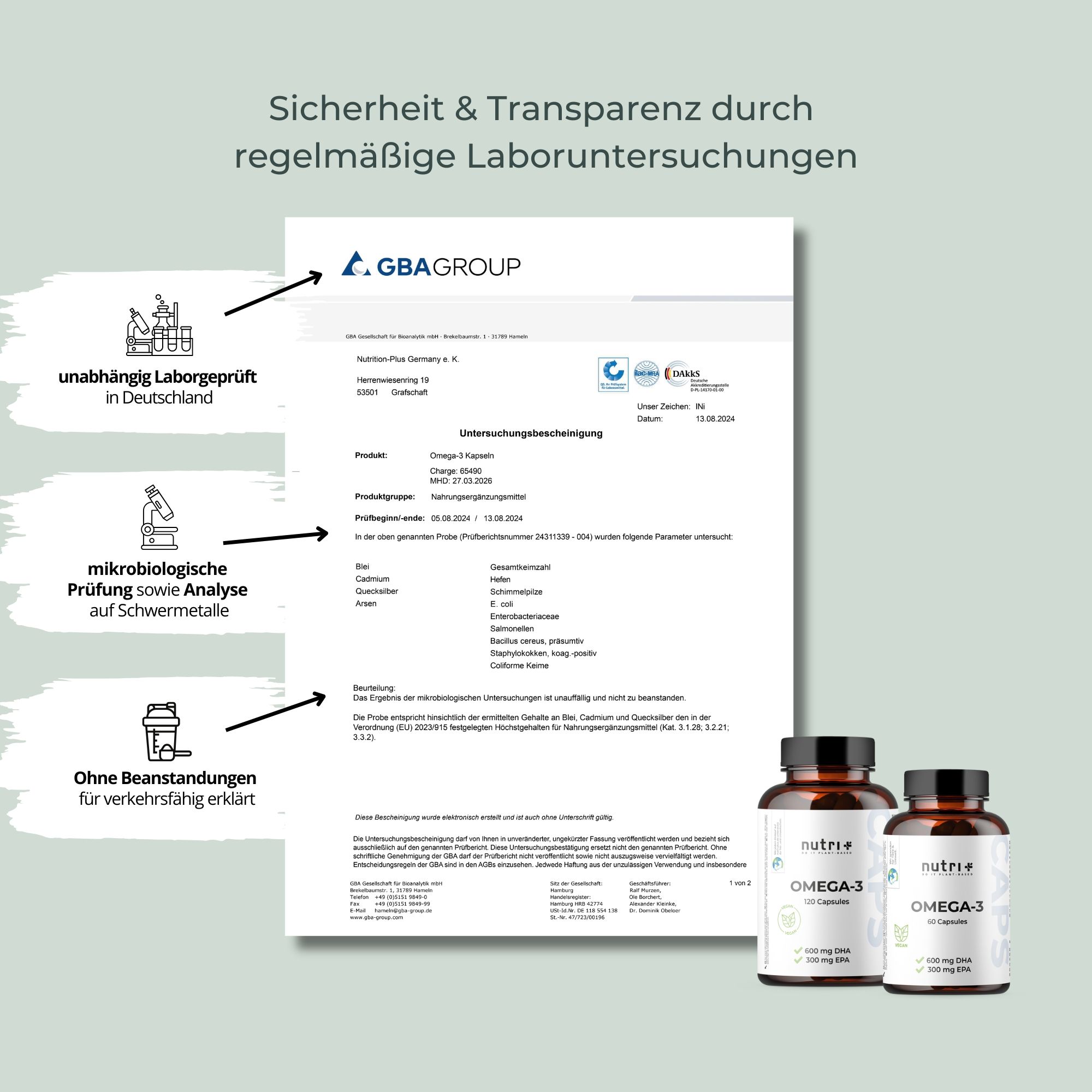 Zwei Flaschen nutri+ Omega-3 neben einem Dokument. Text: Sicherheits- und Transparenz durch regelmäßige Laboruntersuchungen. GBA Group Logo.