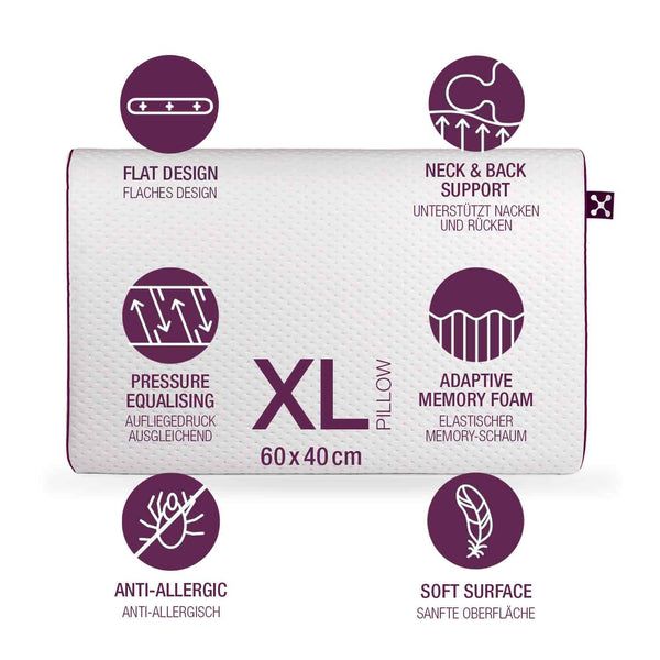 Weißes smart® RELAXING PILLOW mit XL-Aufdruck. Runde Symbole mit Text: flaches Design, Nackenstütze, Memory-Schaum.