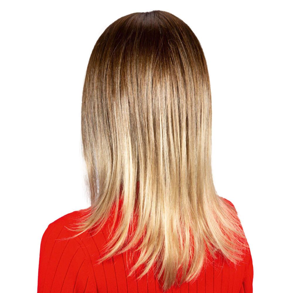 Perücke Filippa von trendhair. Mittellanges Haar, braun mit blonden Spitzen. Rückansicht.