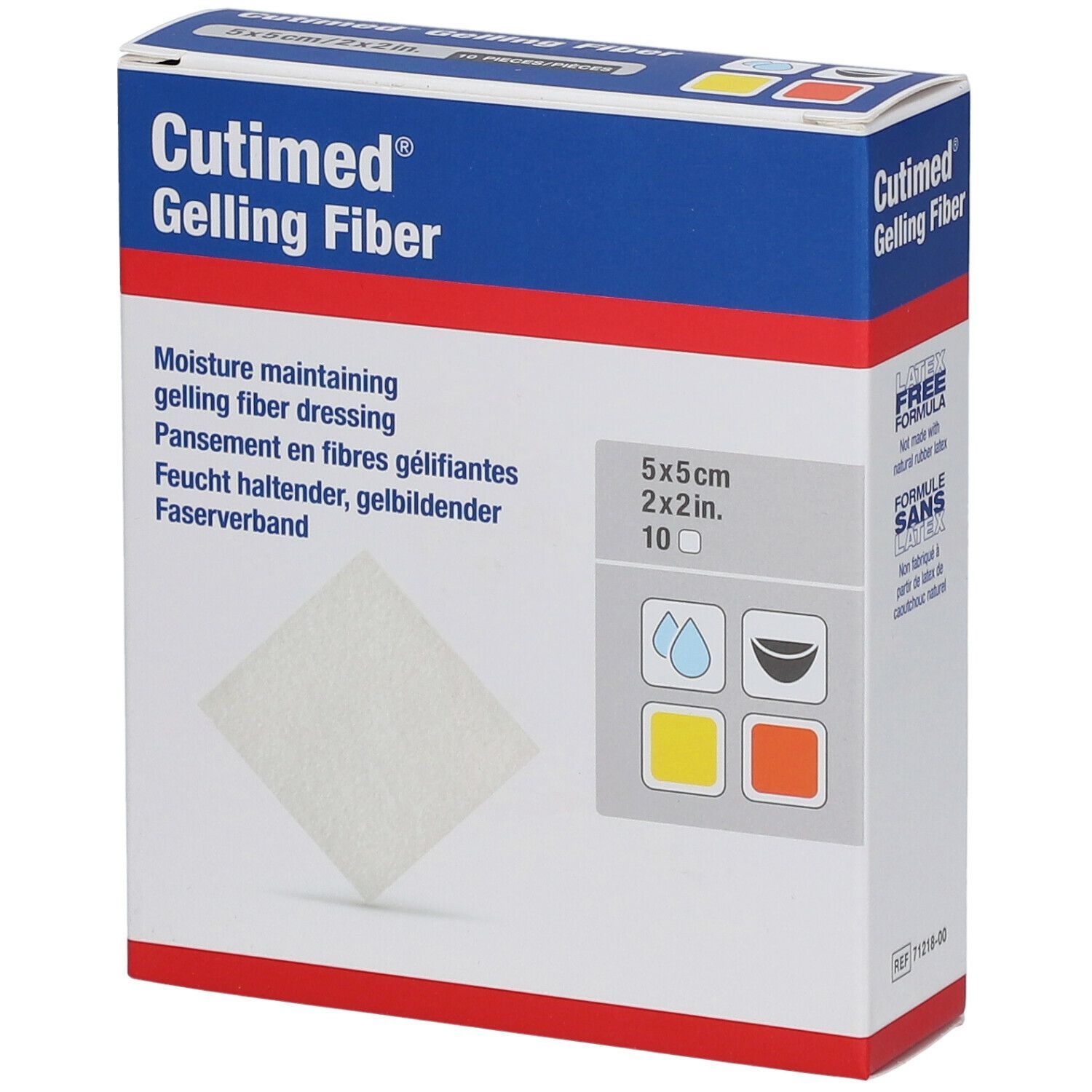 Verpackung von Cutimed® Gelling Fiber. Enthält 10 Verbände, 5x5 cm. Produktname und Eigenschaften sind auf der Verpackung angegeben.