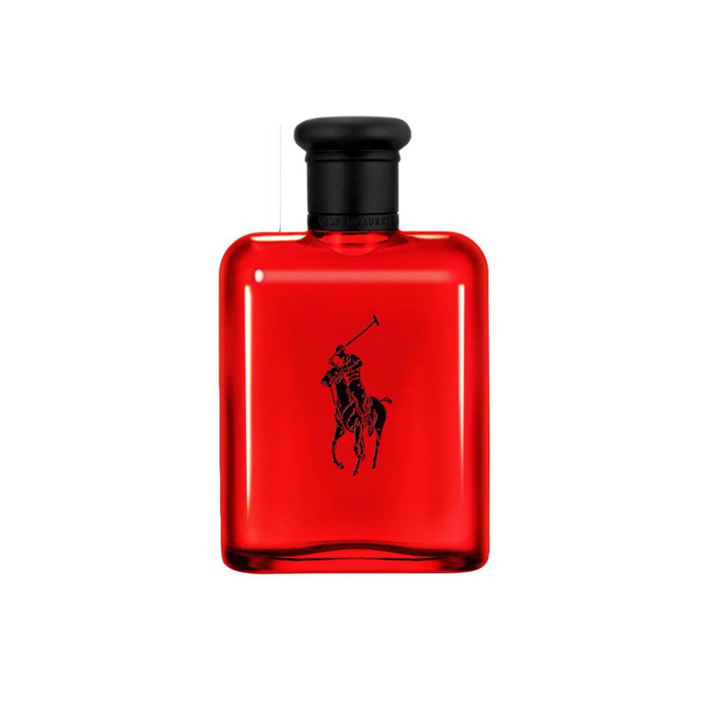 Rotes Eau de Toilette-Spray. Schwarzes Logo mit Reiter. Schwarzer Verschluss. Quadratische Form.