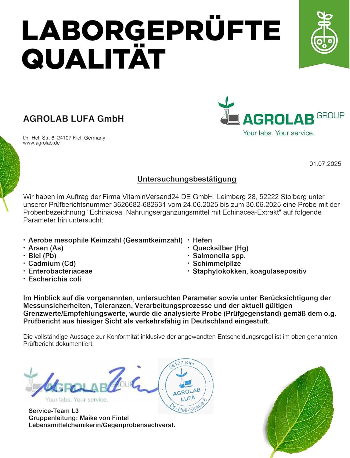 Laborbericht von Agrolab LUFA GmbH. Untersucht: Echinacea, Nahrungsergänzungsmittel. Datum: 01.07.2025. Unterschriften.