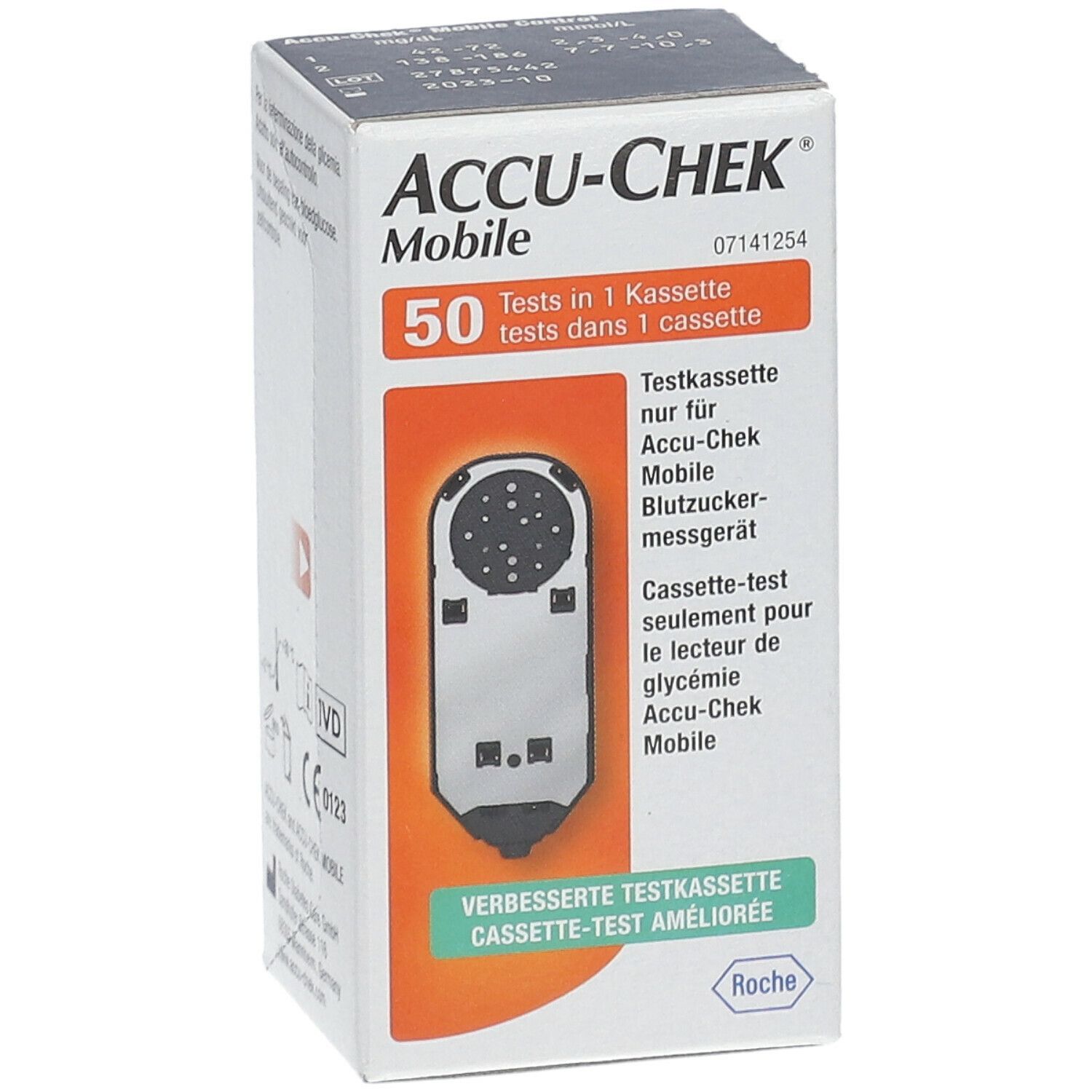 ACCU-CHEK Mobile Testkassetten-Verpackung. Enthält 50 Tests. Produktname und Logo deutlich sichtbar. Orangefarbener Streifen mit Produktinformationen.
