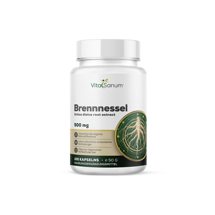 Weißes Pillenbehälter mit Aufschrift VitaSanum Brennnessel 500 mg. Wurzel-Illustration. 100 Kapseln. Nahrungsergänzungsmittel.