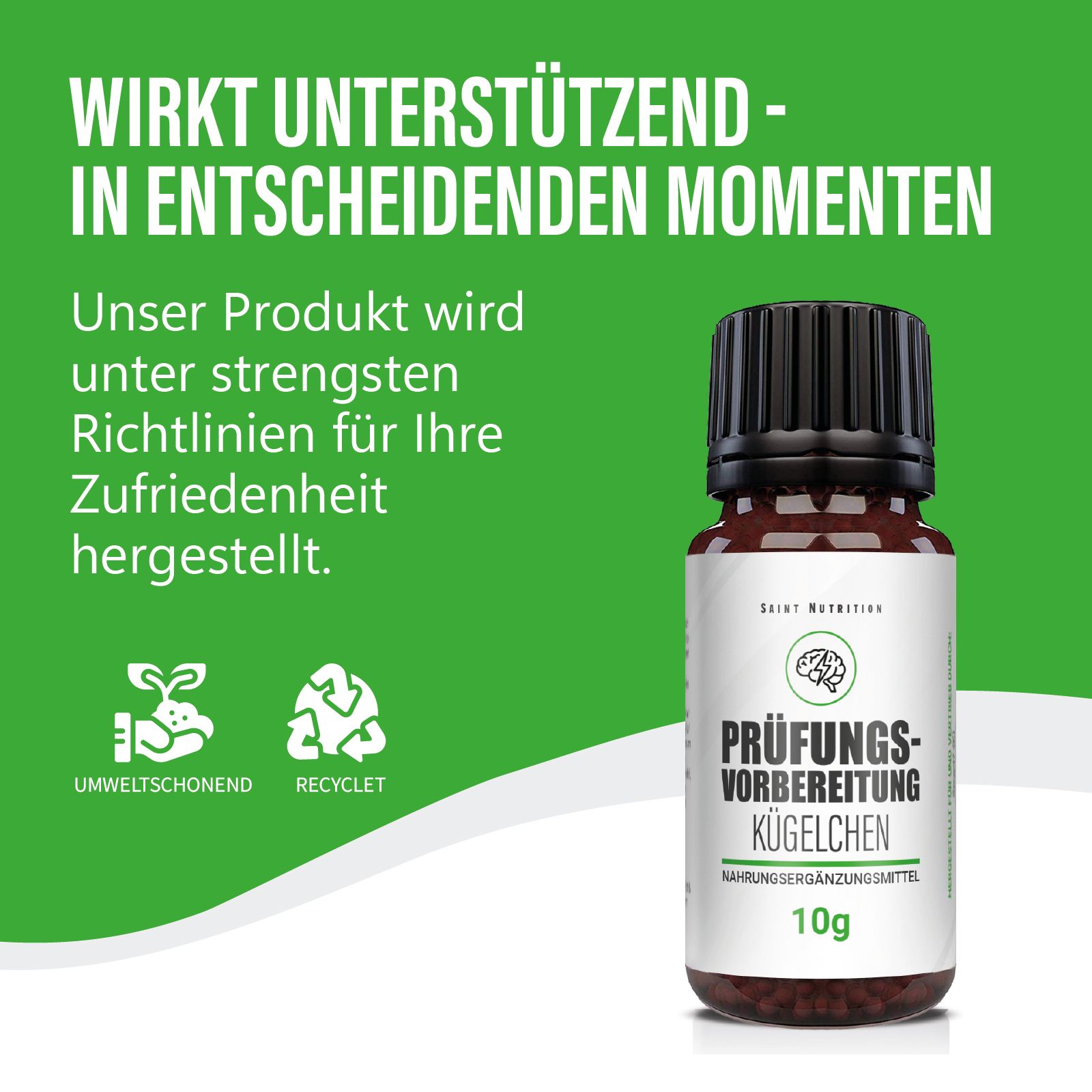 Braune Glasflasche mit schwarzem Deckel vor grünem Hintergrund. Produktname und Logo deutlich sichtbar. Marke: Saint Nutrition.