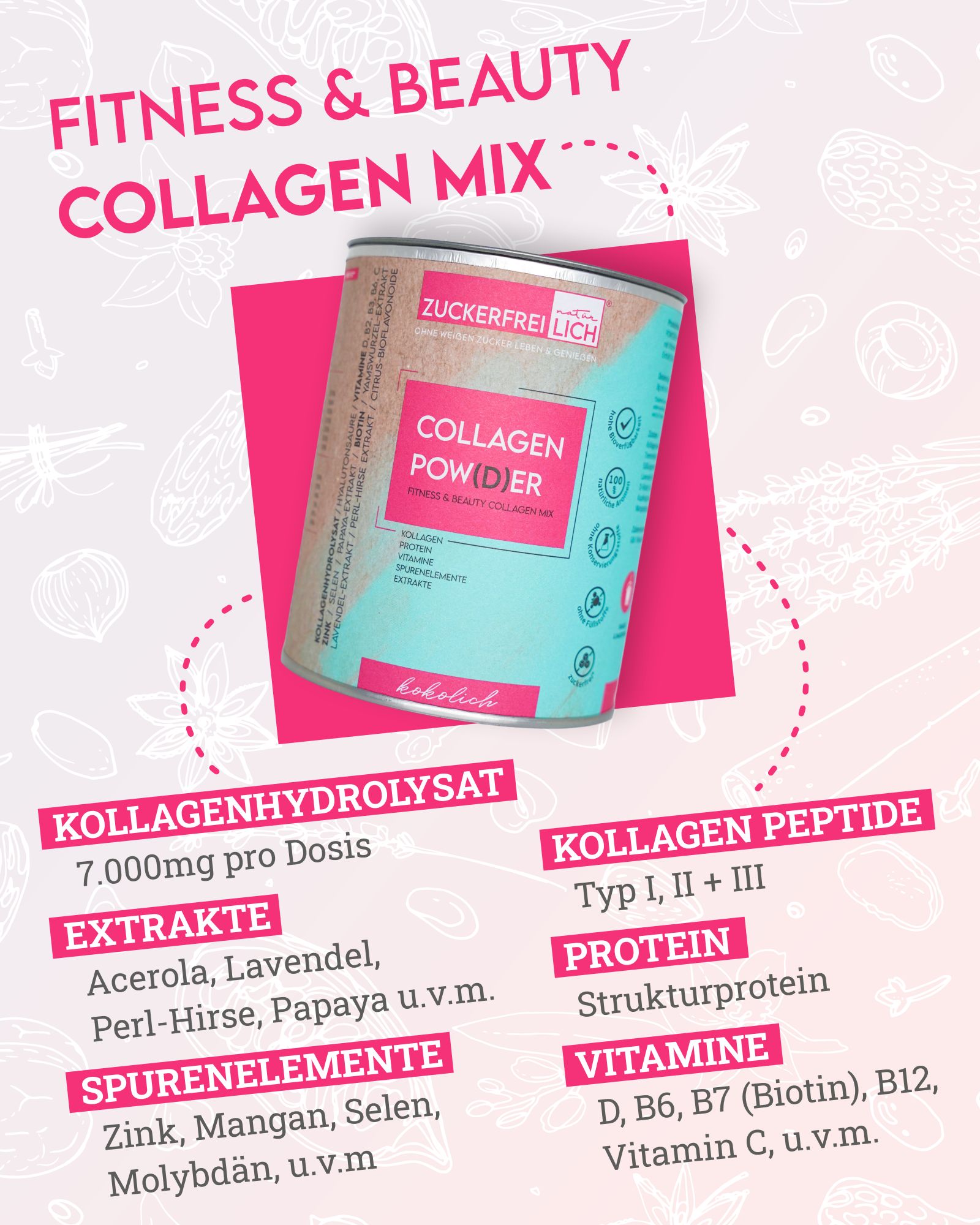 Infografik mit Informationen zu ZUCKERFREIlich Collagen Pulver. Enthält Informationen zu Inhaltsstoffen und Nährwerten. Hintergrund rosa.